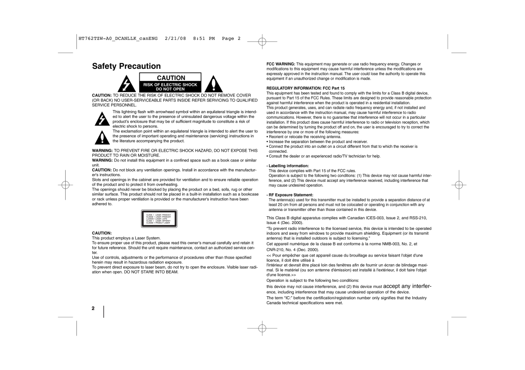 LG Electronics manual Safety Precaution, HT762TZW-A0DCANLLKcanENG 2/21/08 851 PM Page 