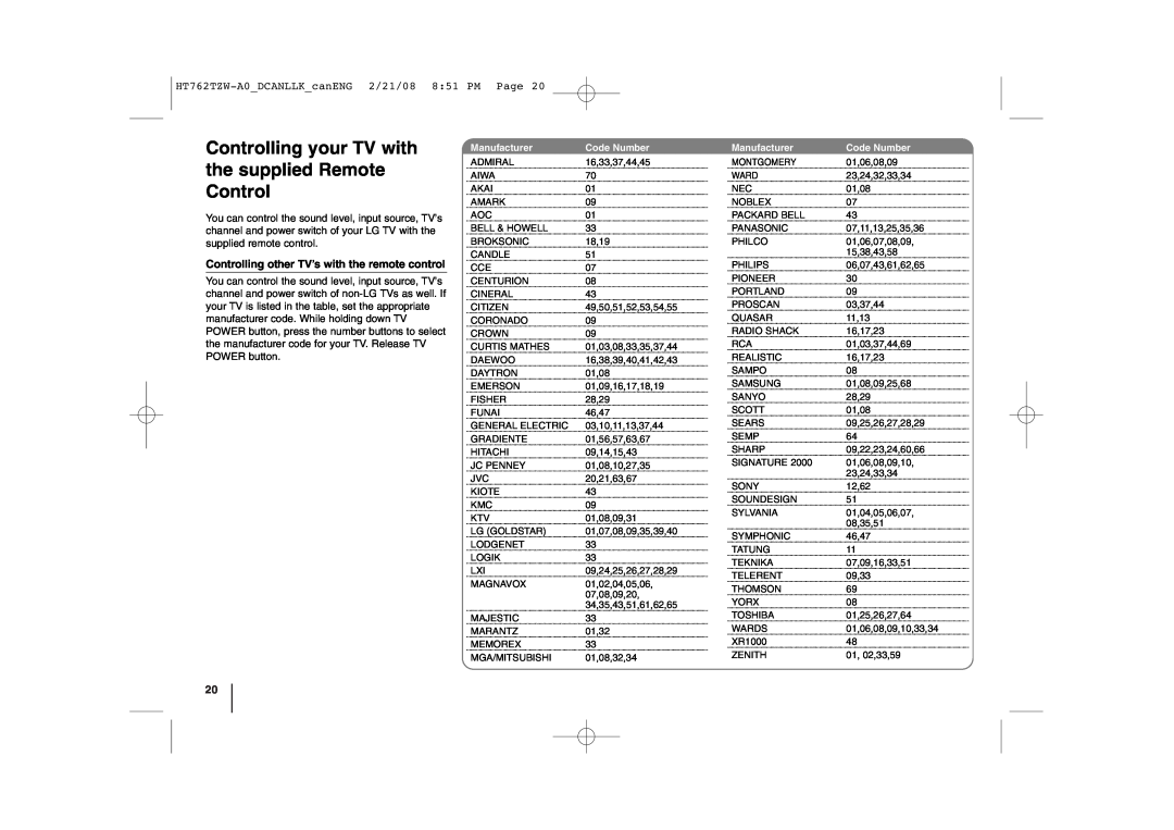 LG Electronics manual Controlling your TV with the supplied Remote Control, HT762TZW-A0DCANLLKcanENG 2/21/08 851 PM Page 