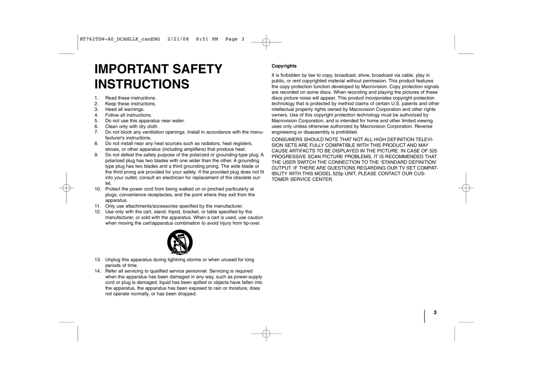 LG Electronics manual Copyrights, Important Safety Instructions, HT762TZW-A0DCANLLKcanENG 2/21/08 851 PM Page 