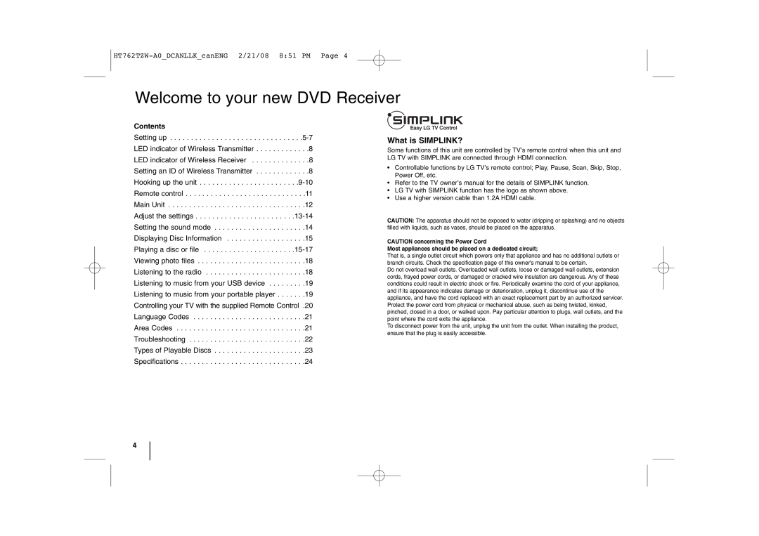 LG Electronics HT762TZW manual Contents, Welcome to your new DVD Receiver, What is SIMPLINK? 