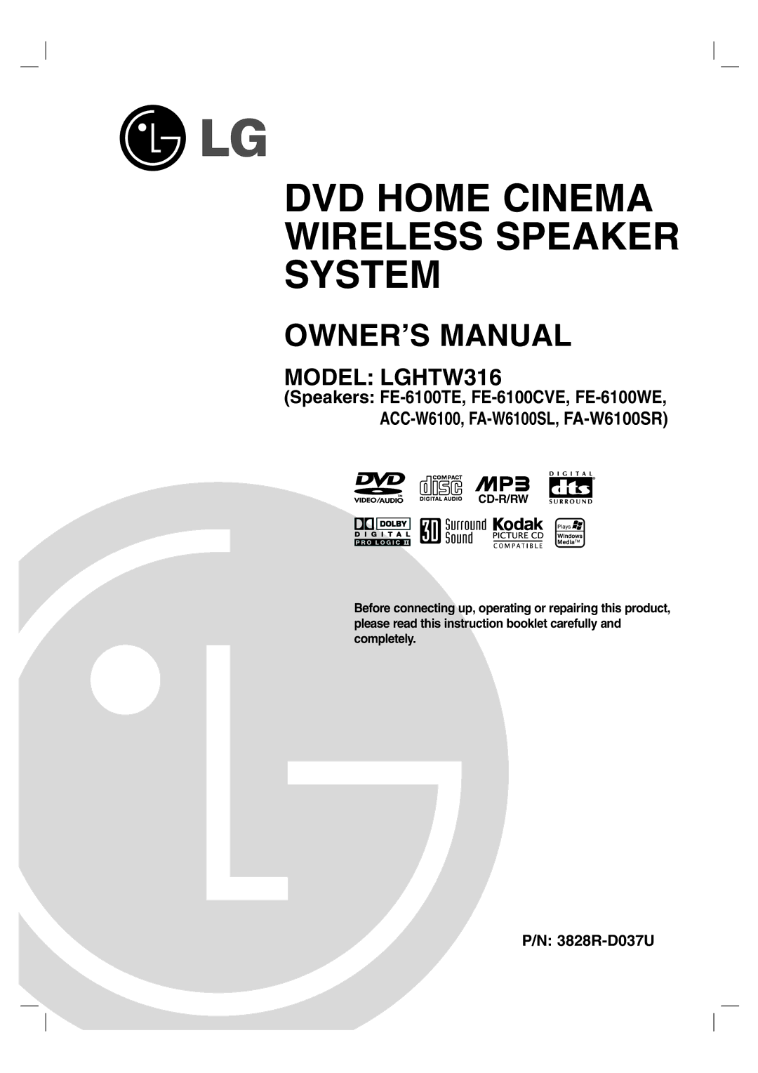 LG Electronics HTW316 owner manual 3828R-D037U, Cd-R/Rw 