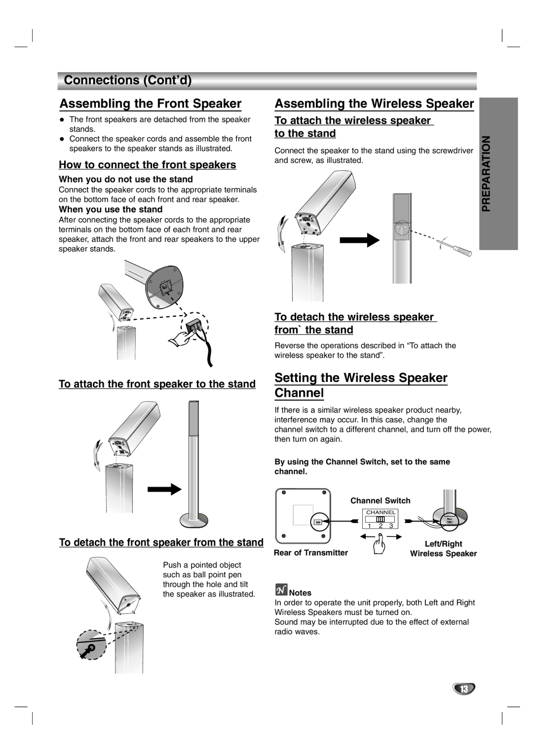 LG Electronics HTW316 owner manual Connections Cont’d Assembling the Front Speaker, Assembling the Wireless Speaker 