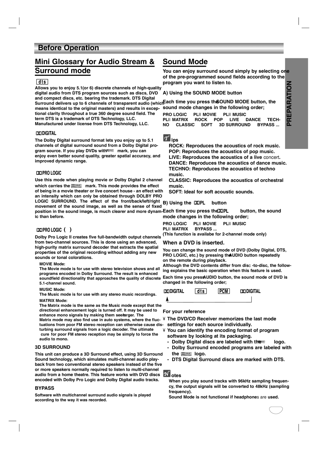 LG Electronics HTW316 owner manual Sound Mode, When a DVD is inserted, 3D Surround, Bypass 