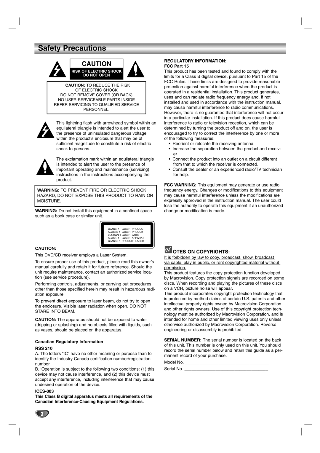 LG Electronics HTW316 owner manual Safety Precautions, Otes on Copyrights 