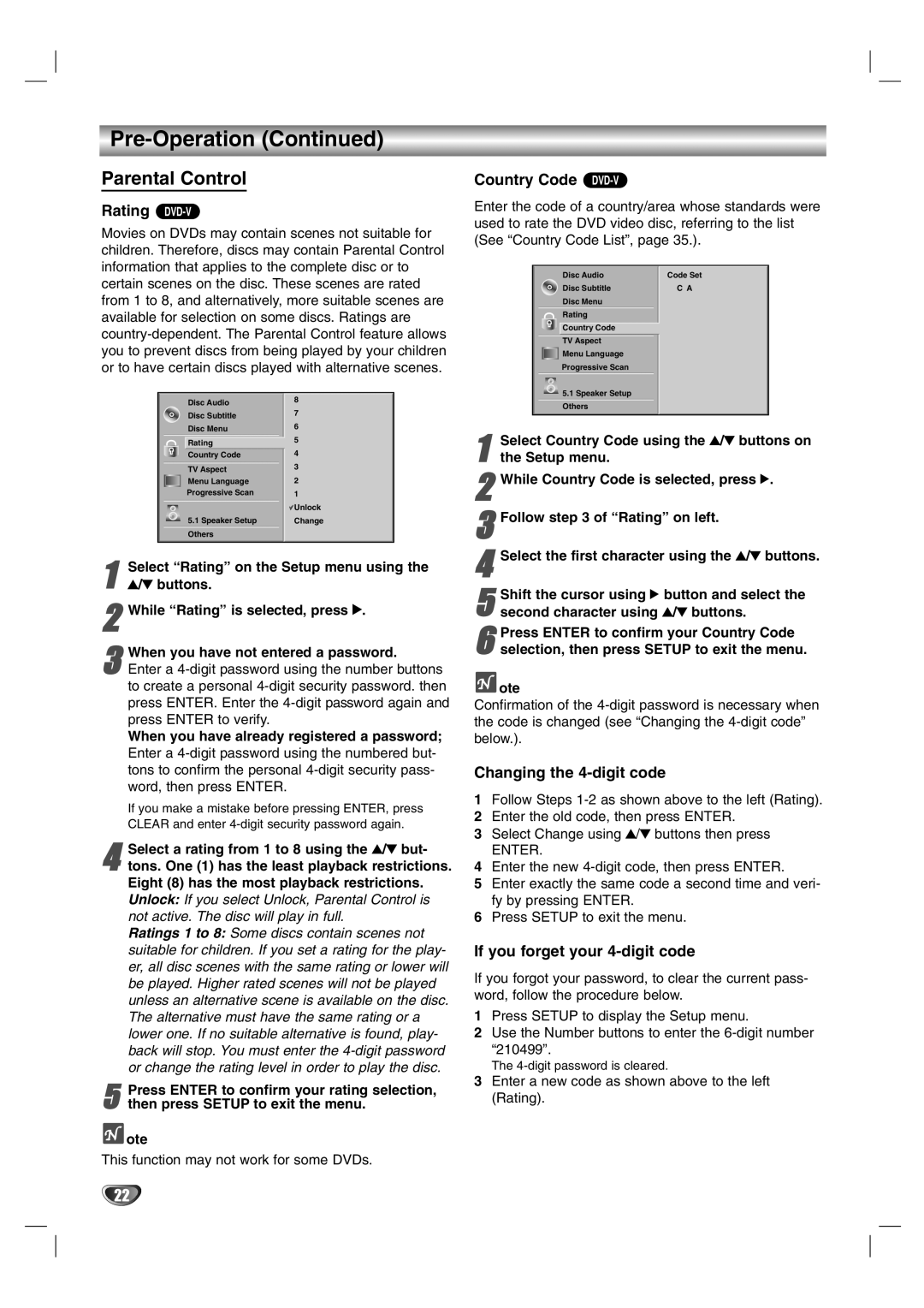 LG Electronics HTW316 owner manual Parental Control, Rating DVD-V, Country Code DVD-V, Changing the 4-digit code 