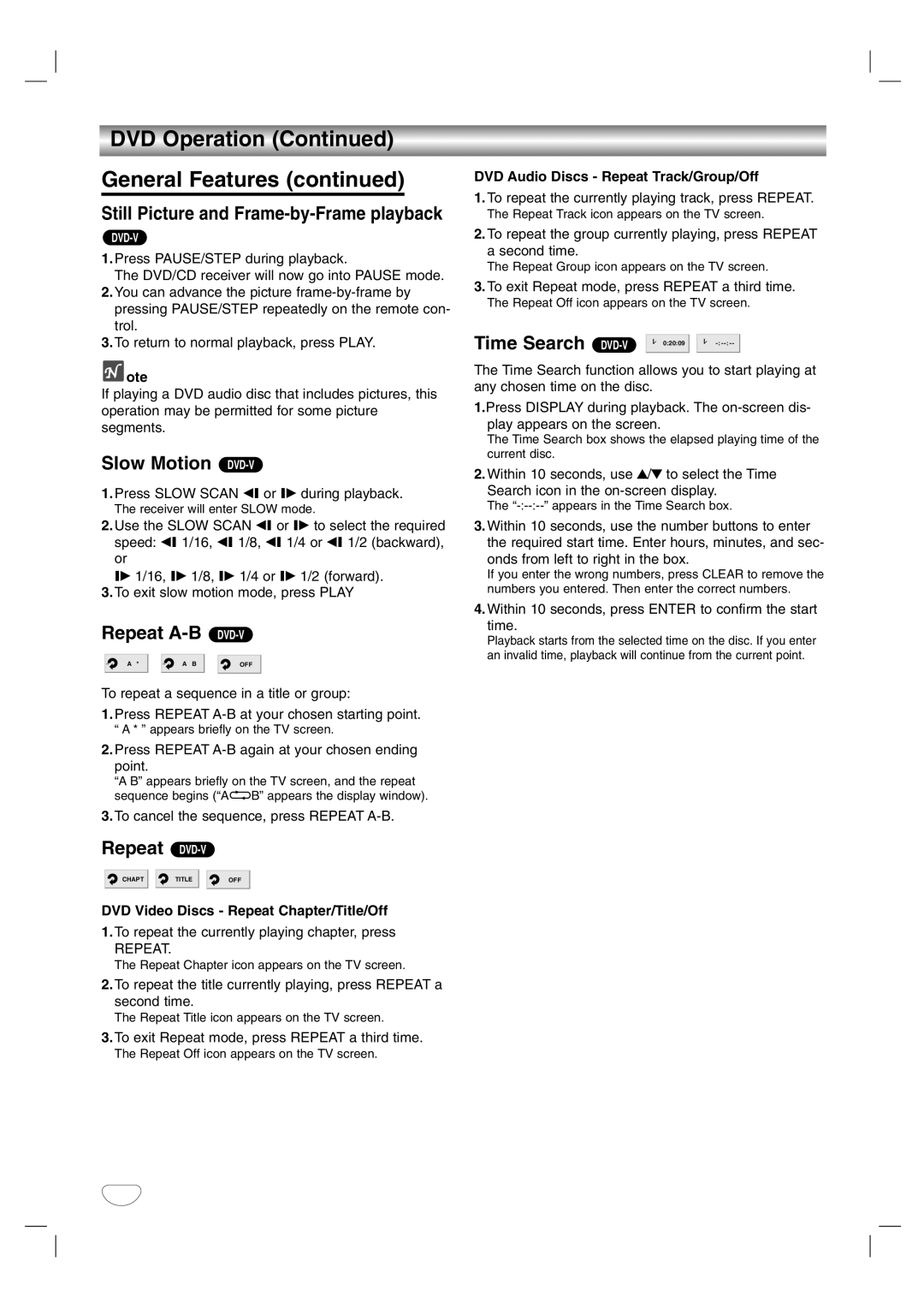 LG Electronics HTW316 DVD Operation General Features, Slow Motion DVD-V, Repeat A-B DVD-V, Repeat DVD-V, Time Search 