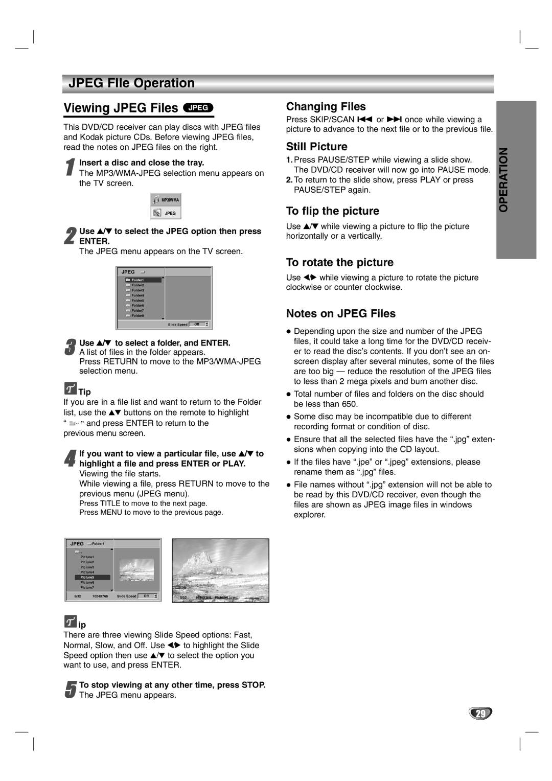 LG Electronics HTW316 Jpeg FIle Operation Viewing Jpeg Files Jpeg, Changing Files, Still Picture, To flip the picture 