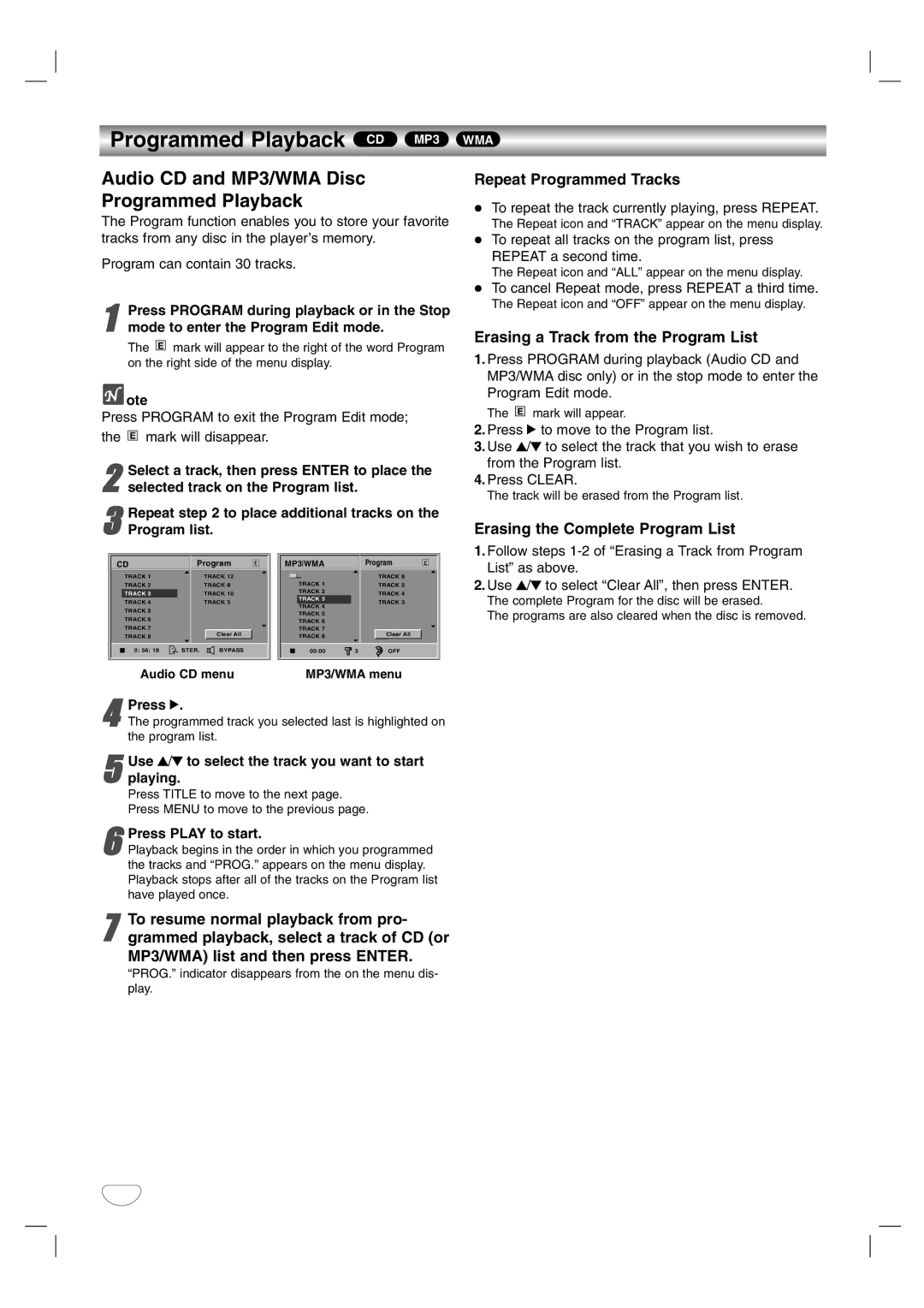 LG Electronics HTW316 owner manual Programmed Playback CD MP3, Audio CD and MP3/WMA Disc Programmed Playback 