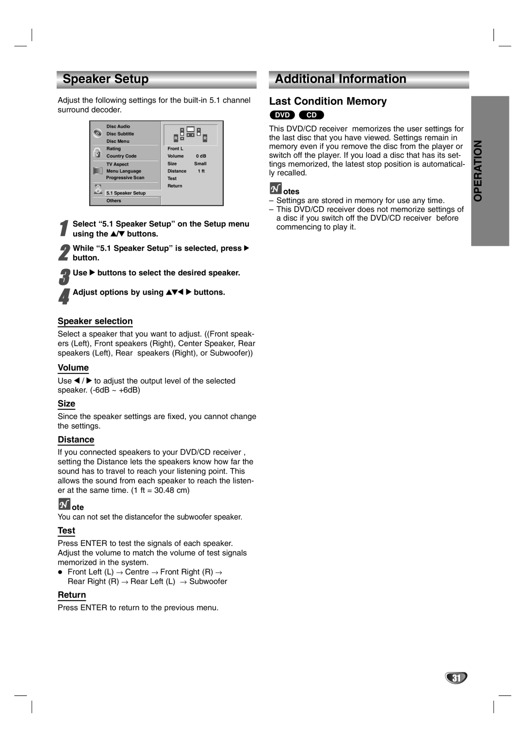 LG Electronics HTW316 owner manual Speaker Setup, Last Condition Memory 