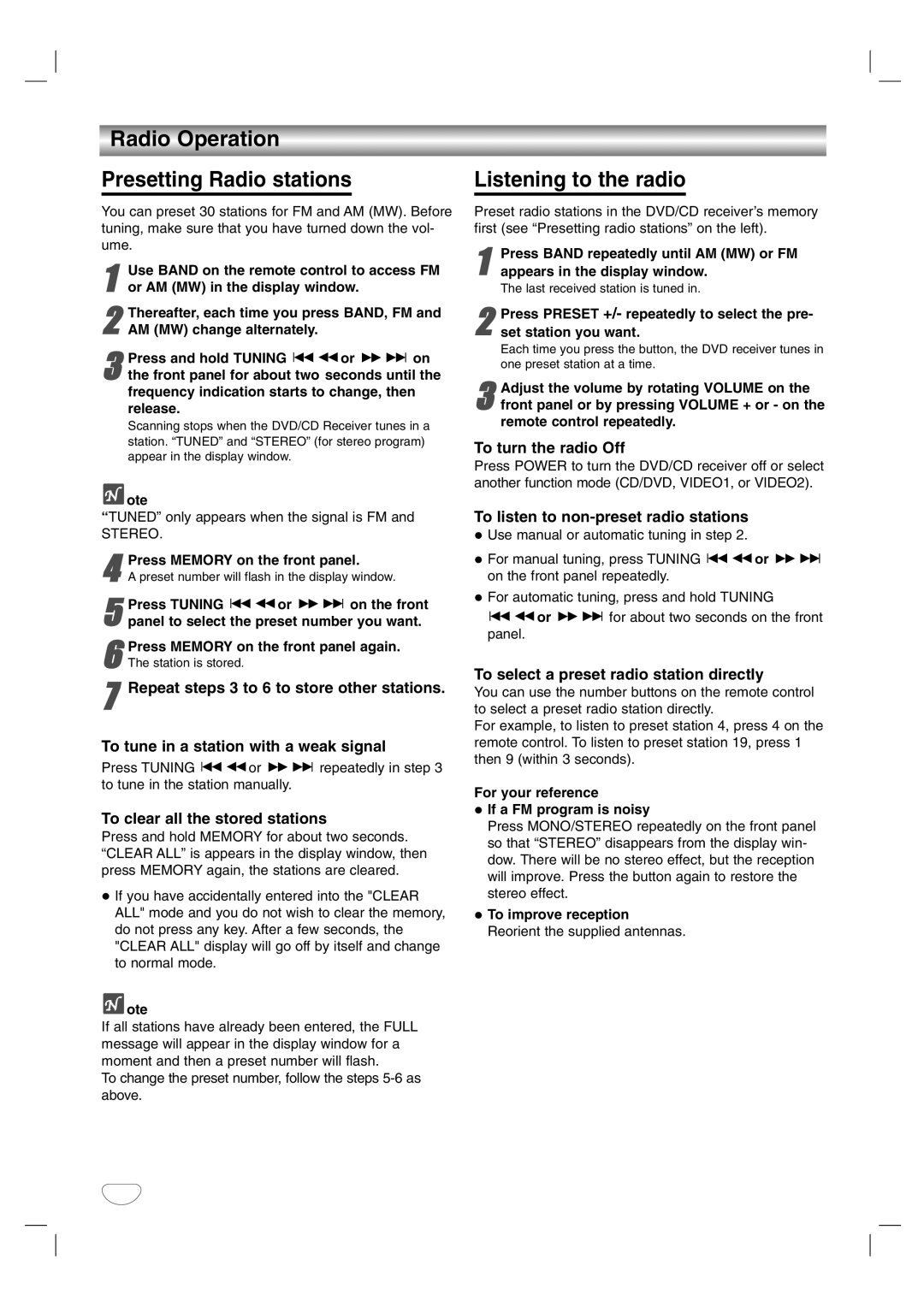 LG Electronics HTW316 owner manual Radio Operation Presetting Radio stations, Listening to the radio 