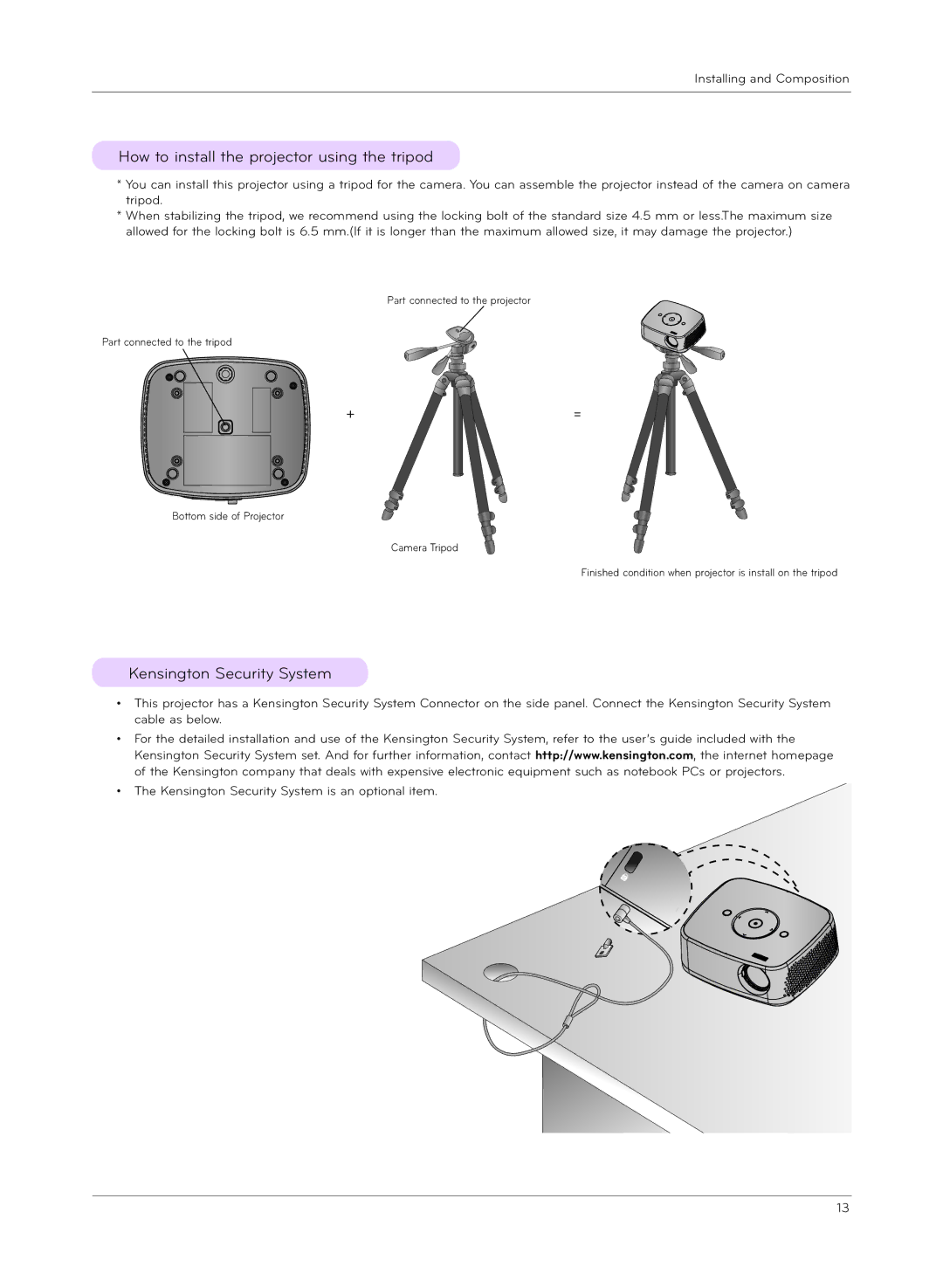 LG Electronics HX300G, HX301G owner manual How to install the projector using the tripod, Kensington Security System 