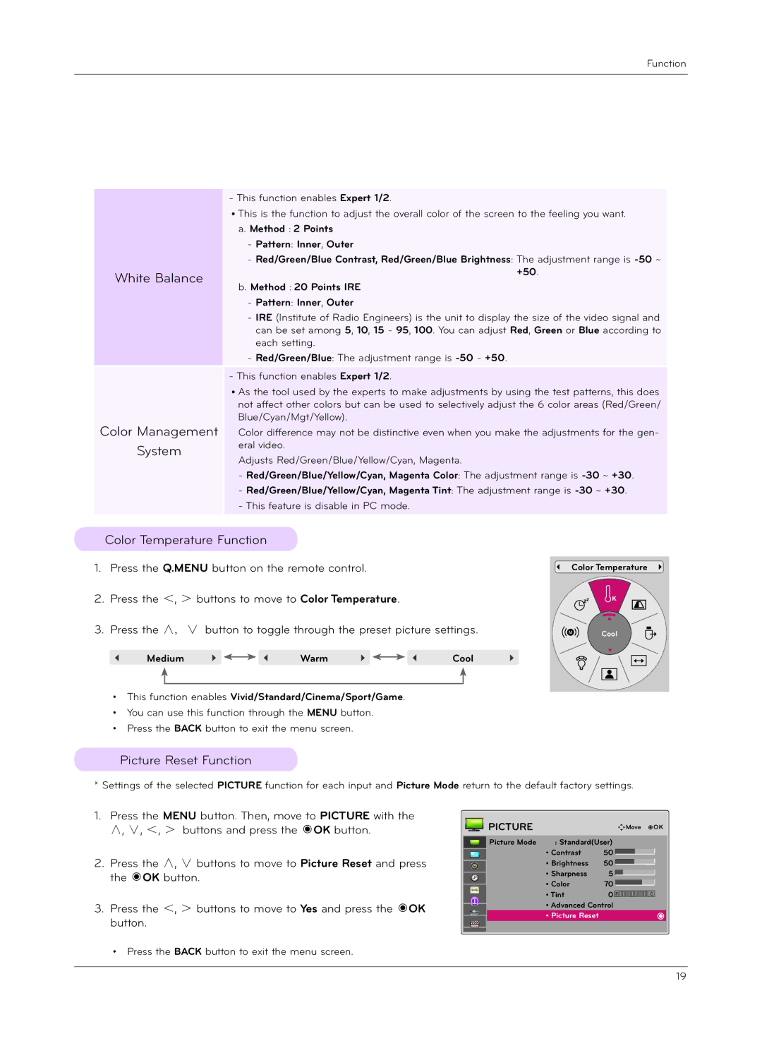 LG Electronics HX300G, HX301G owner manual Color Temperature Function, Picture Reset Function 