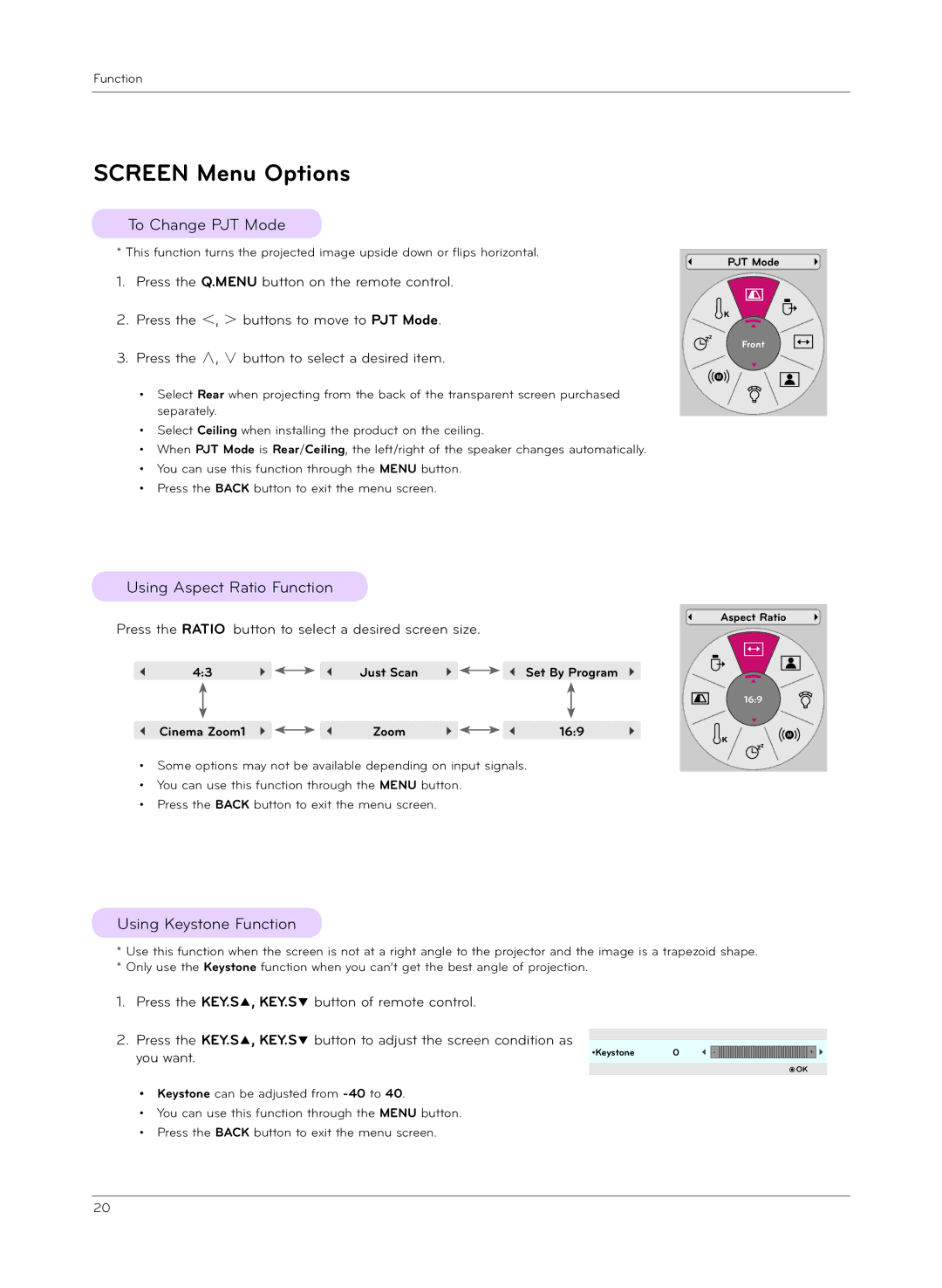 LG Electronics HX301G Screen Menu Options, To Change PJT Mode, Using Aspect Ratio Function, Using Keystone Function 