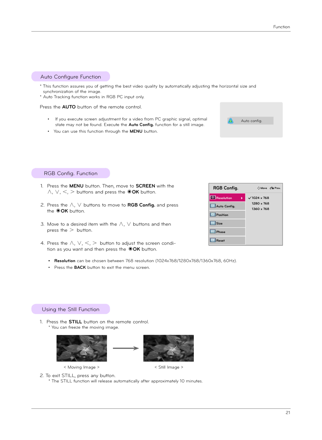 LG Electronics HX300G, HX301G owner manual Auto Configure Function, RGB Config. Function, Using the Still Function 