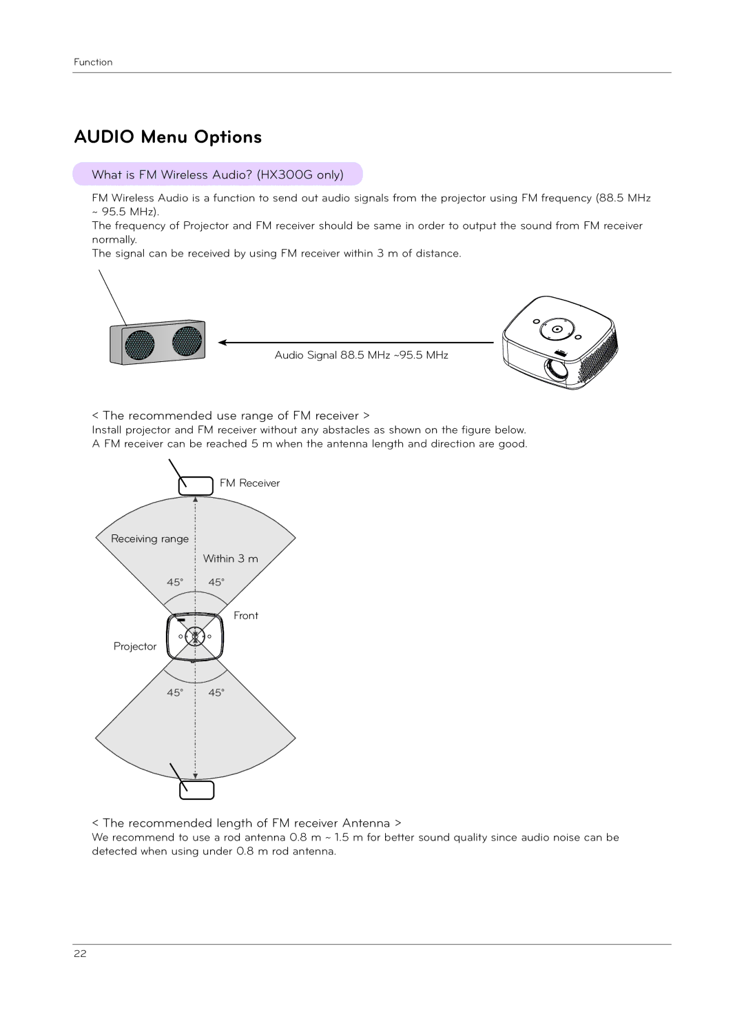 LG Electronics HX301G Audio Menu Options, What is FM Wireless Audio? HX300G only, Recommended use range of FM receiver 