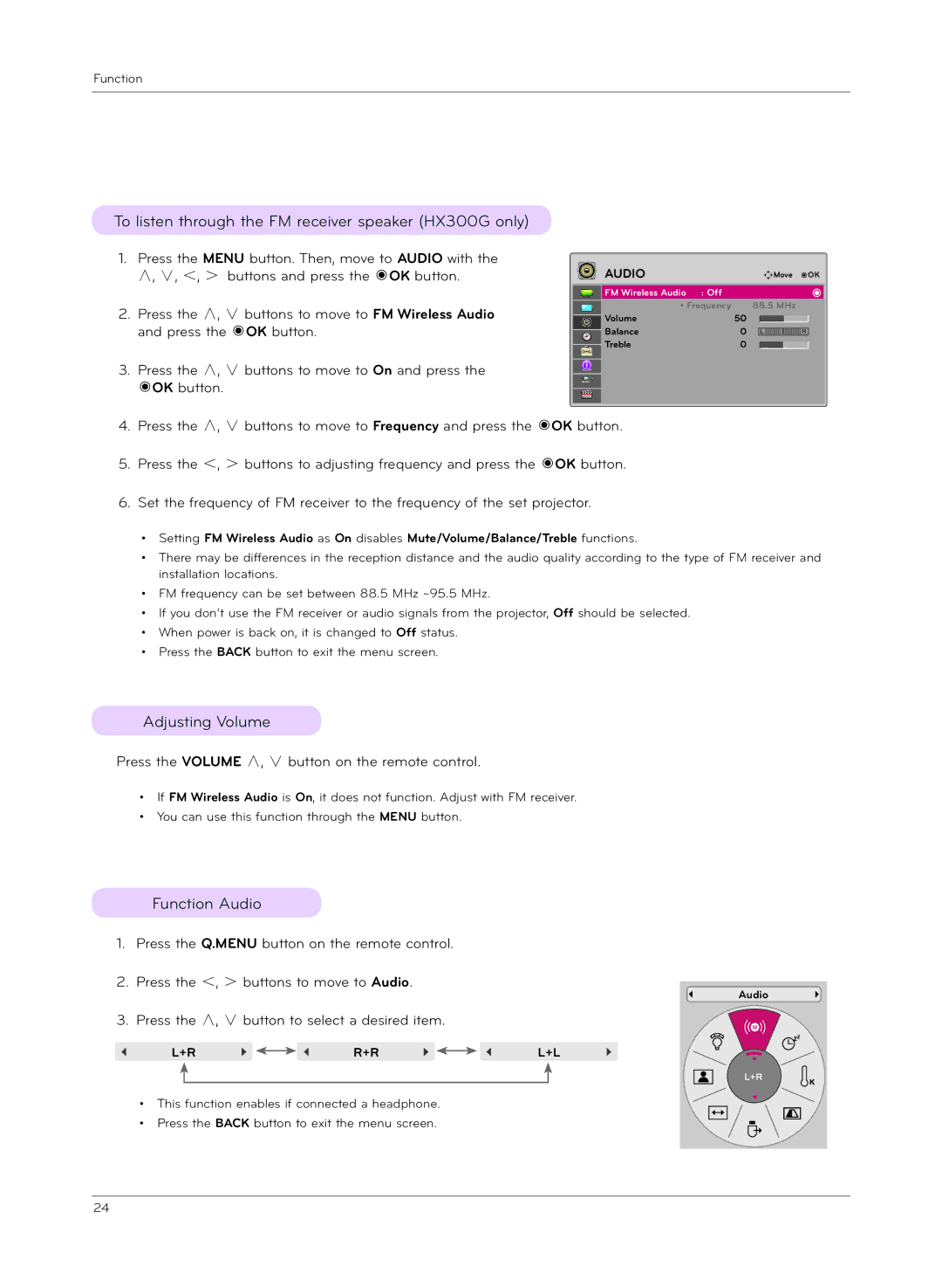 LG Electronics HX301G owner manual To listen through the FM receiver speaker HX300G only, Adjusting Volume, Function Audio 