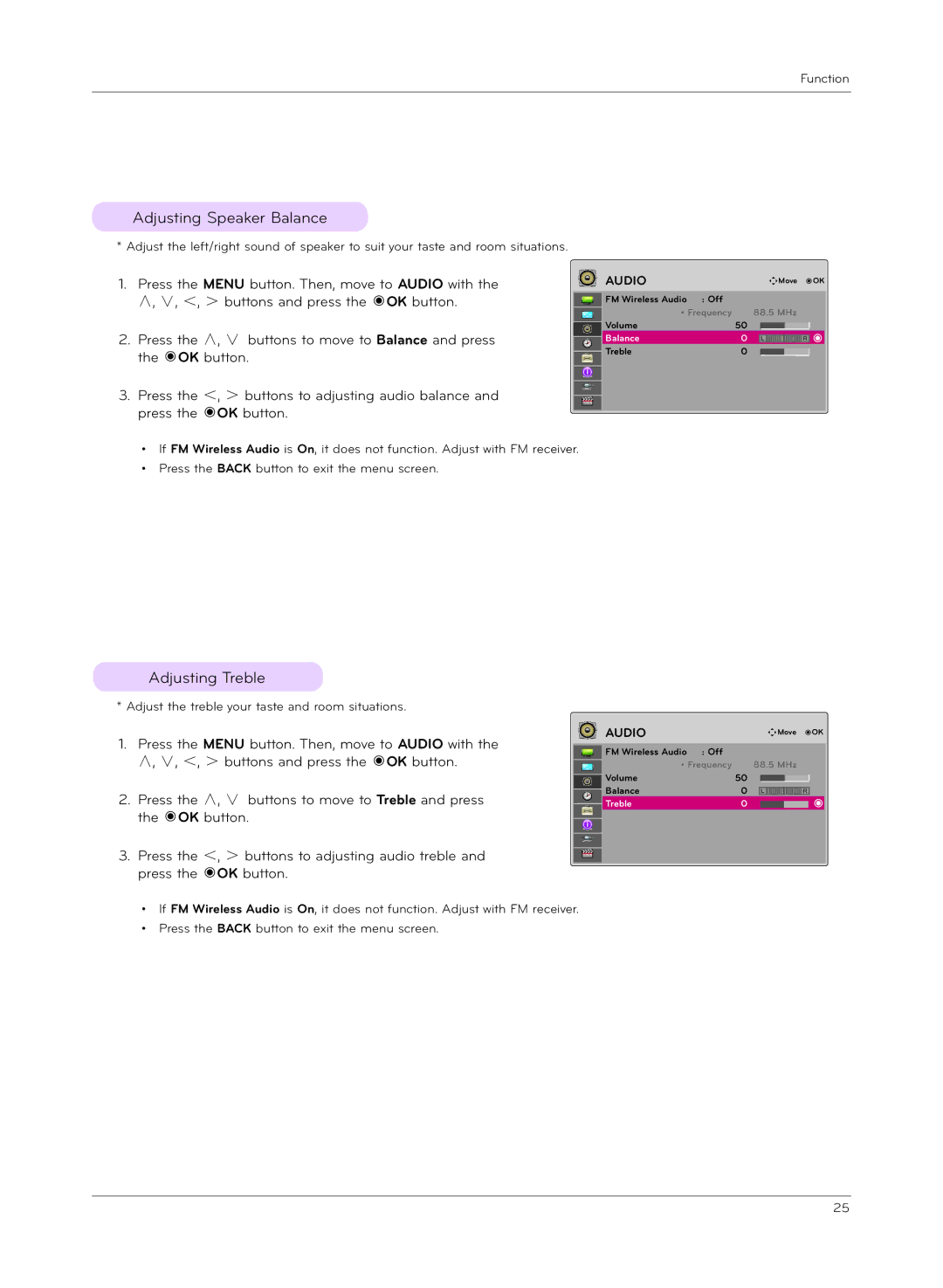 LG Electronics HX300G, HX301G owner manual Adjusting Speaker Balance, Adjusting Treble 