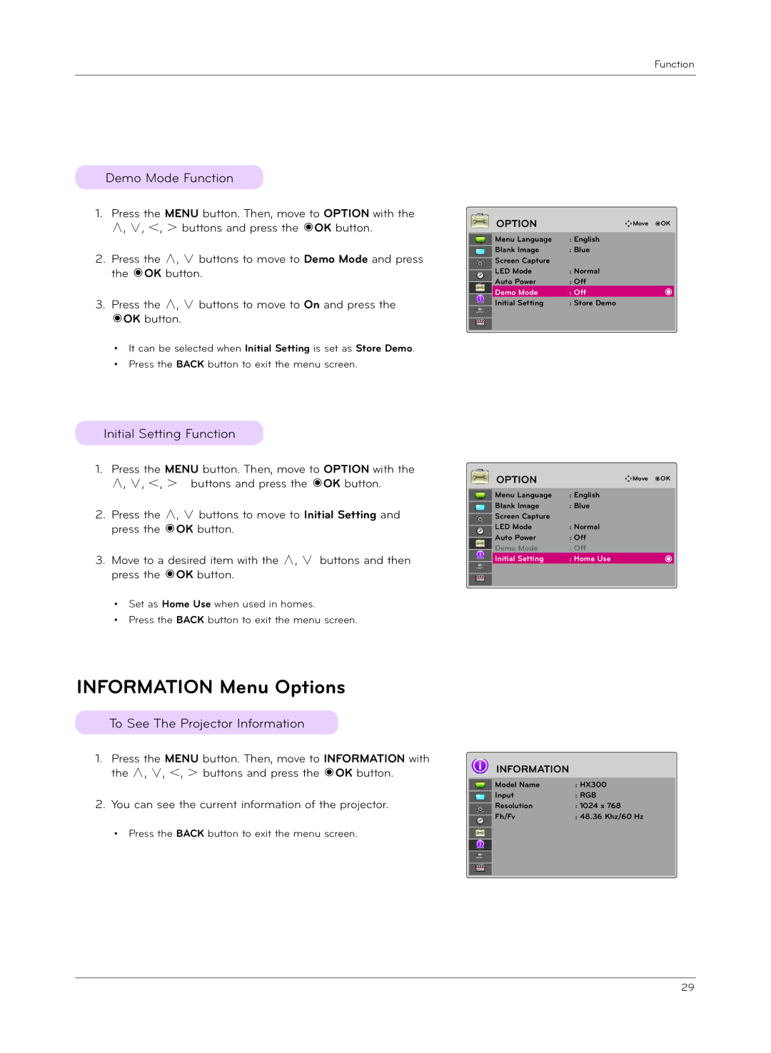 LG Electronics HX300G, HX301G owner manual Information Menu Options, Demo Mode Function, Initial Setting Function 