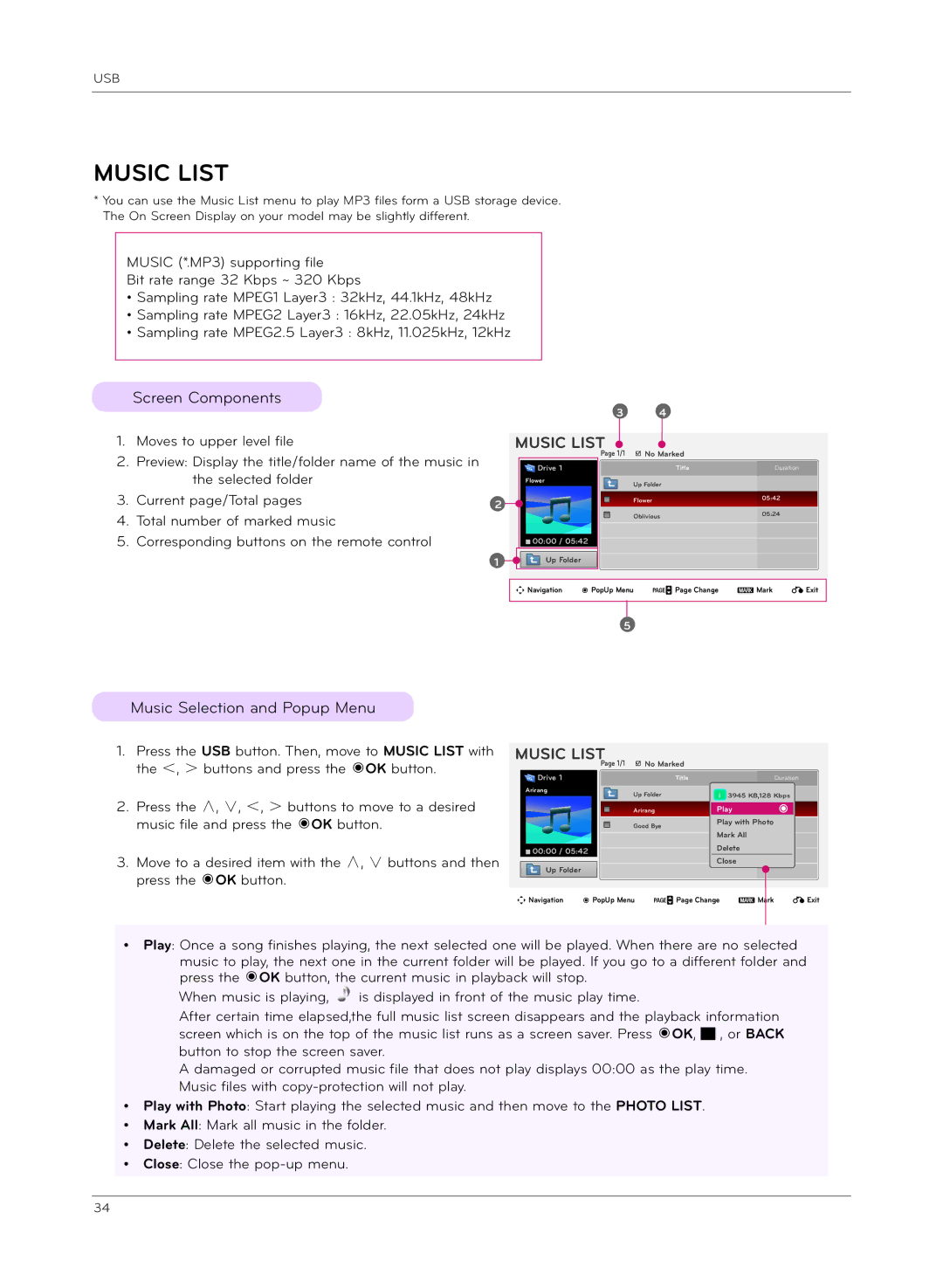 LG Electronics HX301G, HX300G owner manual Music List, Music Selection and Popup Menu 