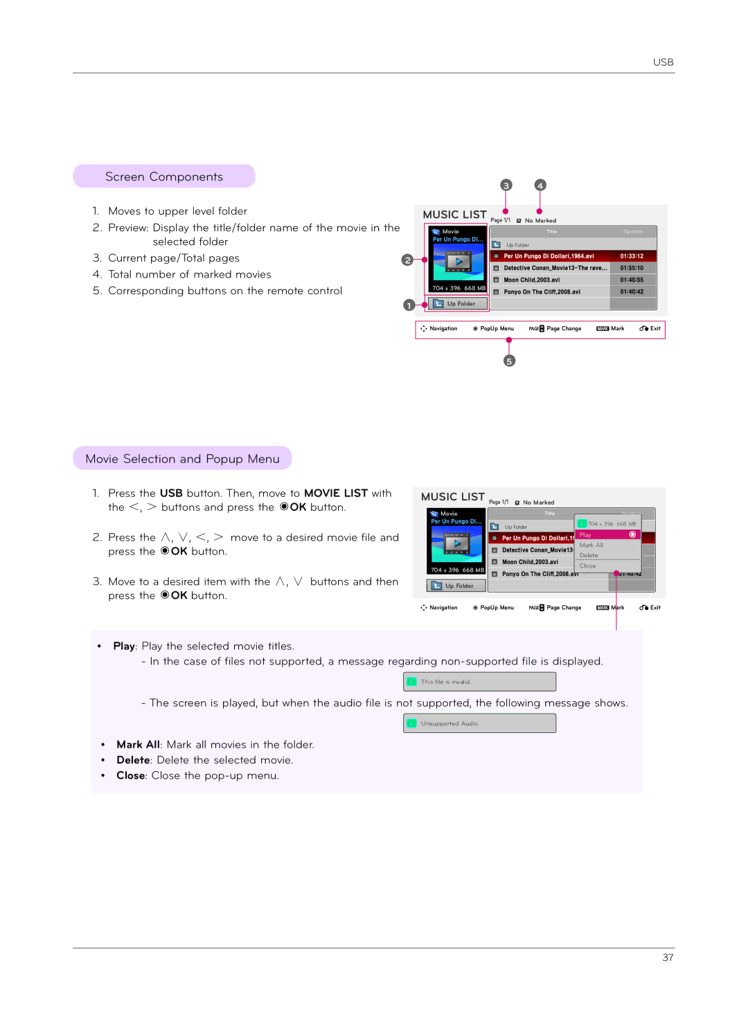 LG Electronics HX300G, HX301G owner manual Movie Selection and Popup Menu, Music List Page 1/1 