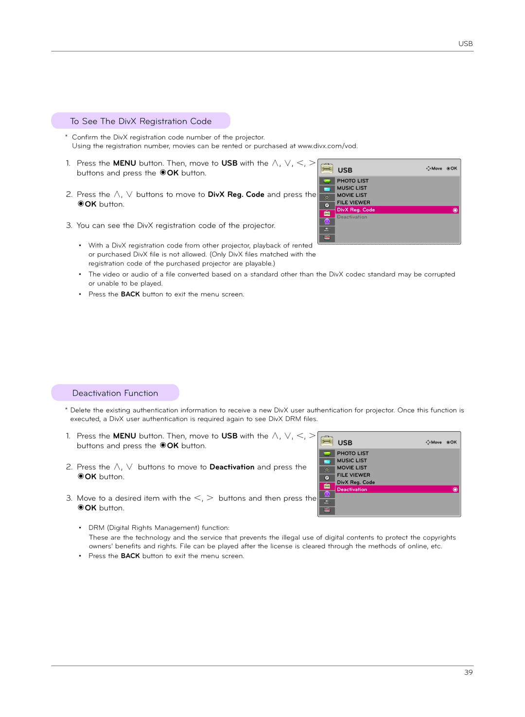 LG Electronics HX300G, HX301G owner manual To See The DivX Registration Code, Deactivation Function 