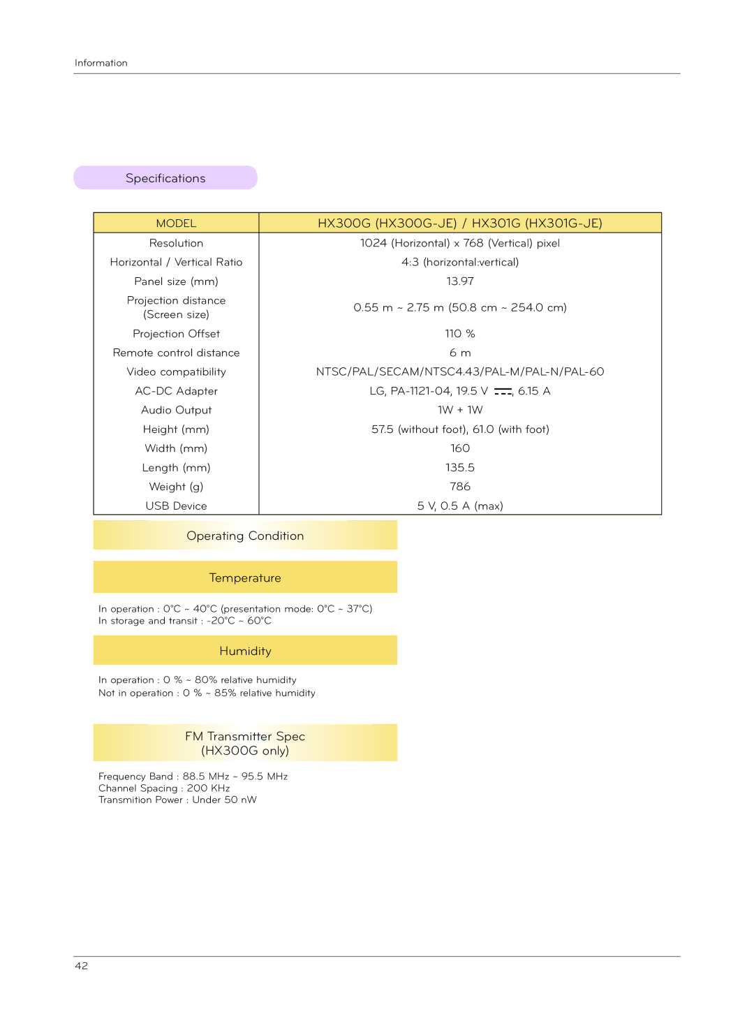 LG Electronics Specifications, HX300G HX300G-JE / HX301G HX301G-JE, Operating Condition Temperature, Humidity 