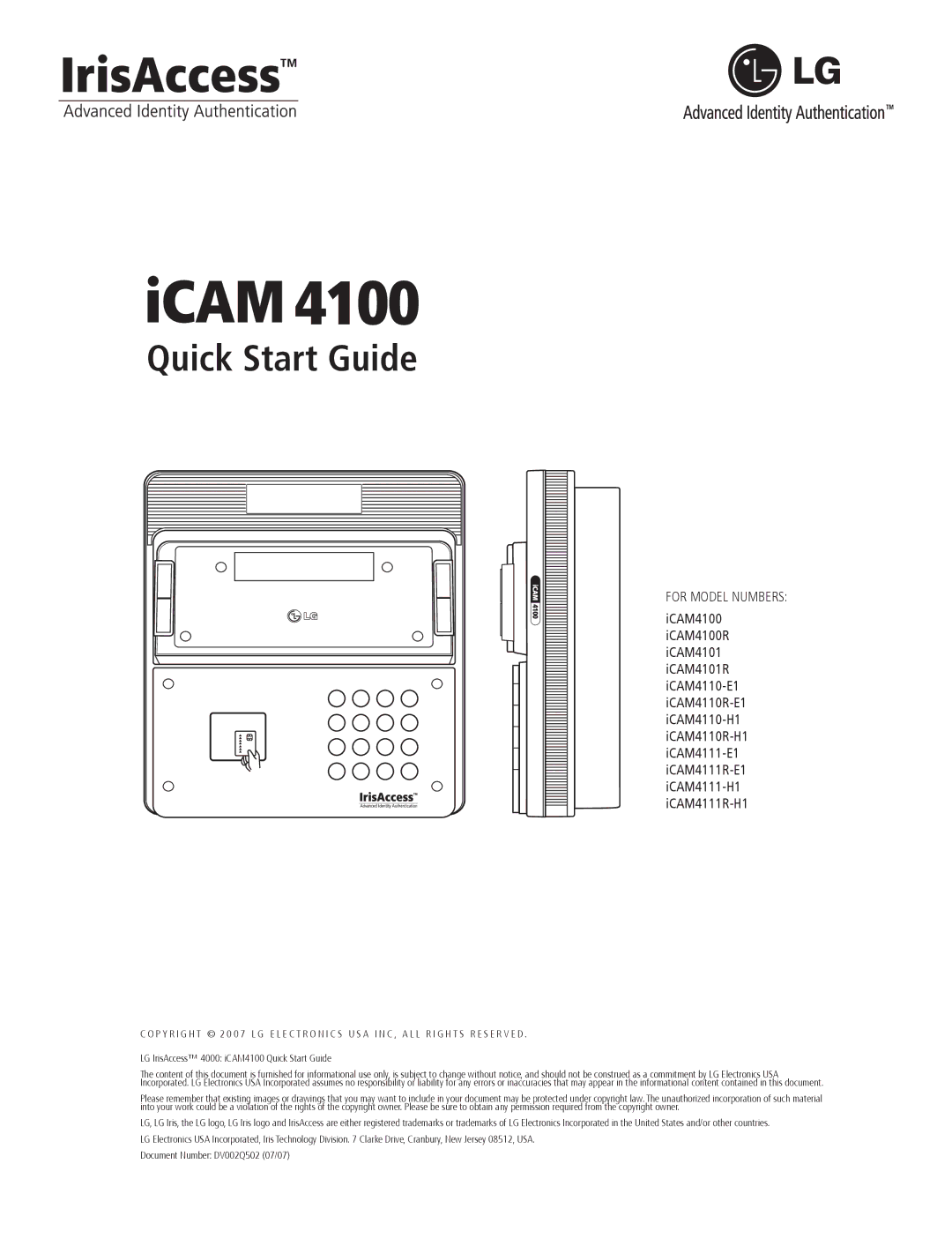 LG Electronics iCAM4110-E1, iCAM4110-H1, iCAM4110R-H1, iCAM4100, iCAM4101R, iCAM4110R-E1 quick start Quick Start Guide 