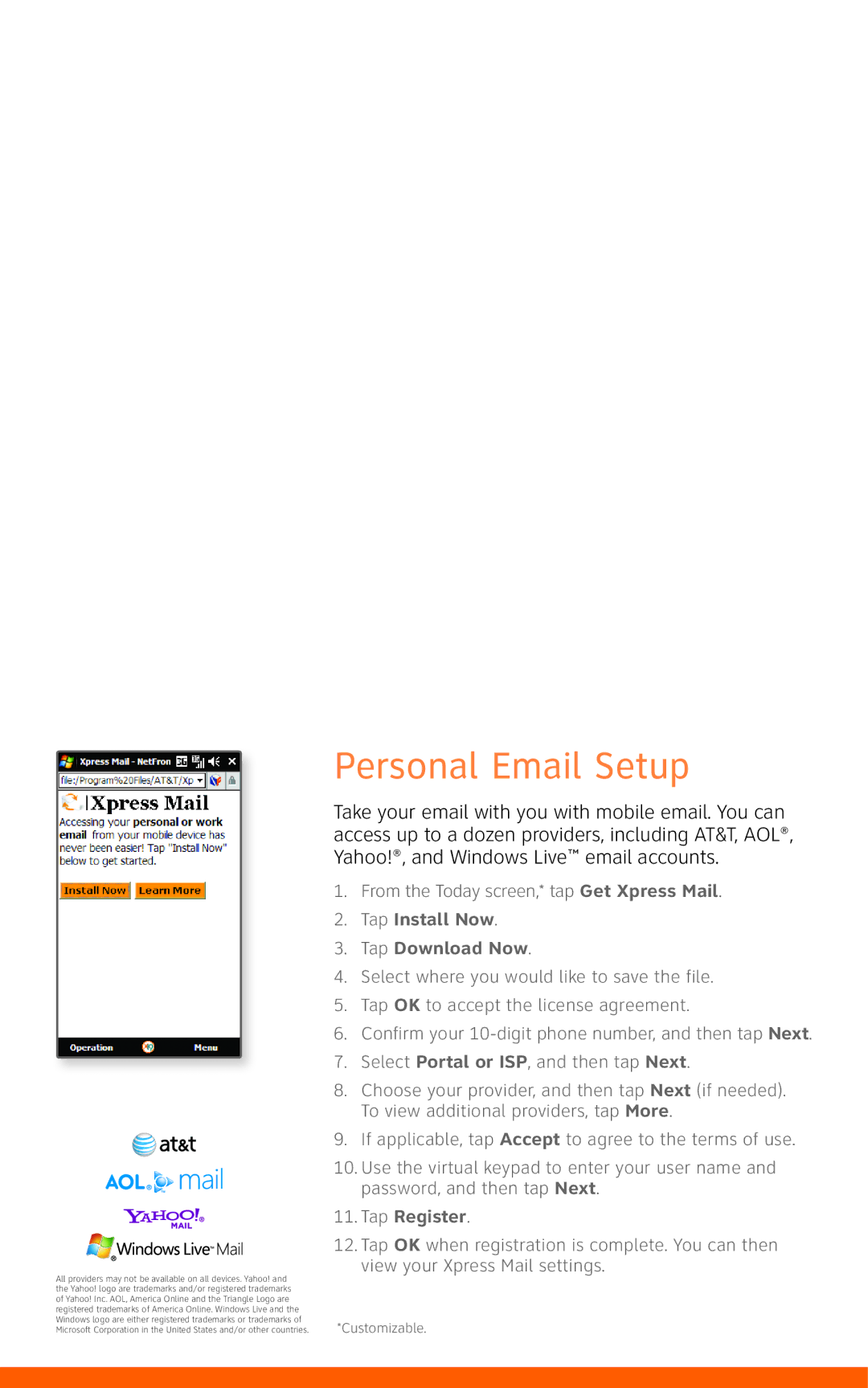 LG Electronics Incite quick start Personal Email Setup, Tap Install Now, Tap Register 
