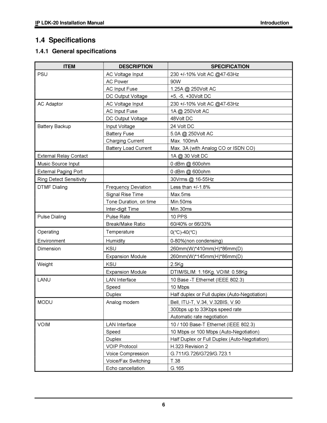 LG Electronics IP LDK-20 installation manual Specifications, General specifications, Description Specification 