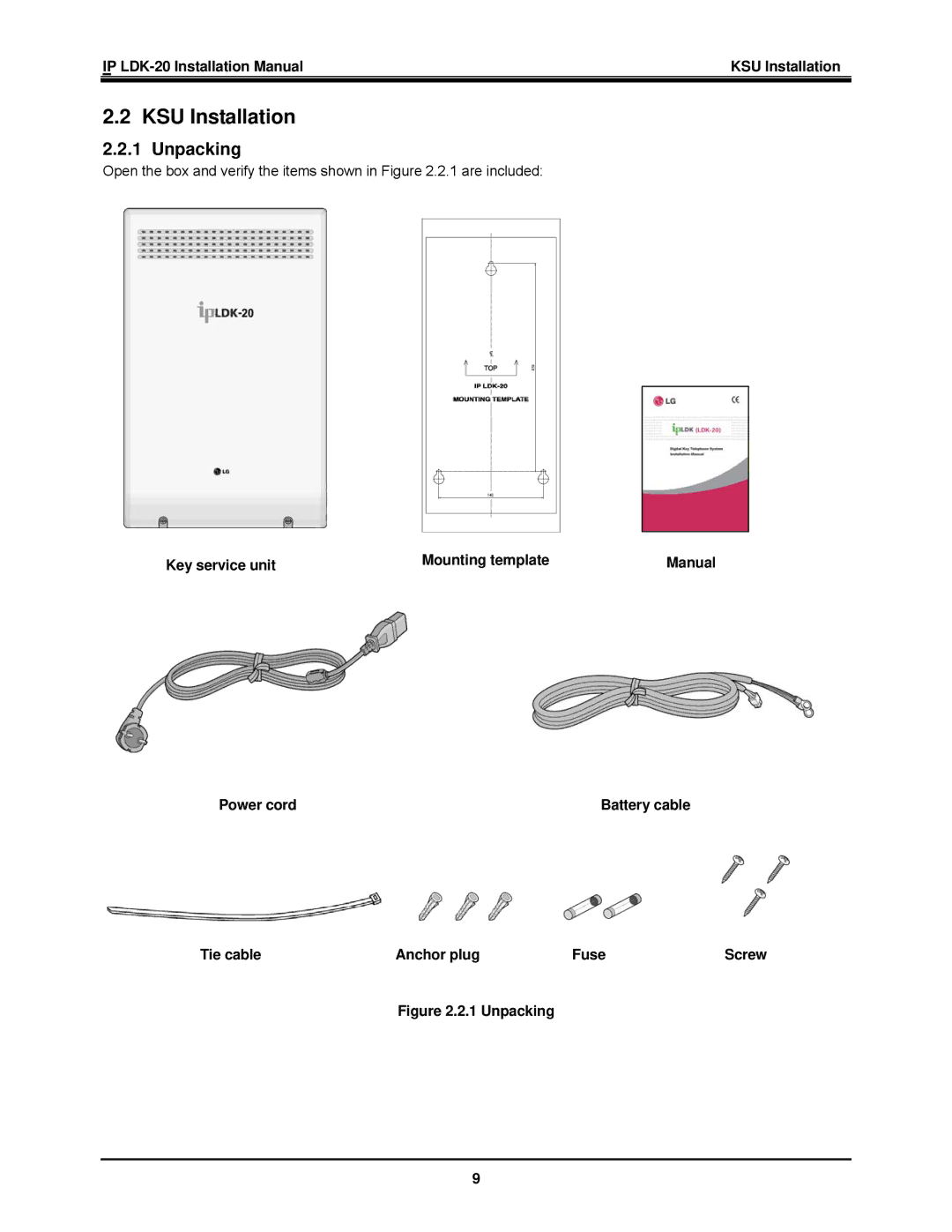 LG Electronics IP LDK-20 installation manual KSU Installation, Unpacking, Key service unit Mounting template, Power cord 