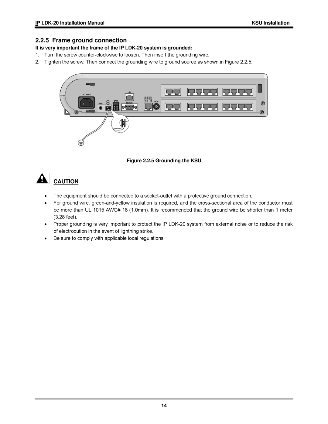 LG Electronics IP LDK-20 installation manual Frame ground connection, Grounding the KSU 