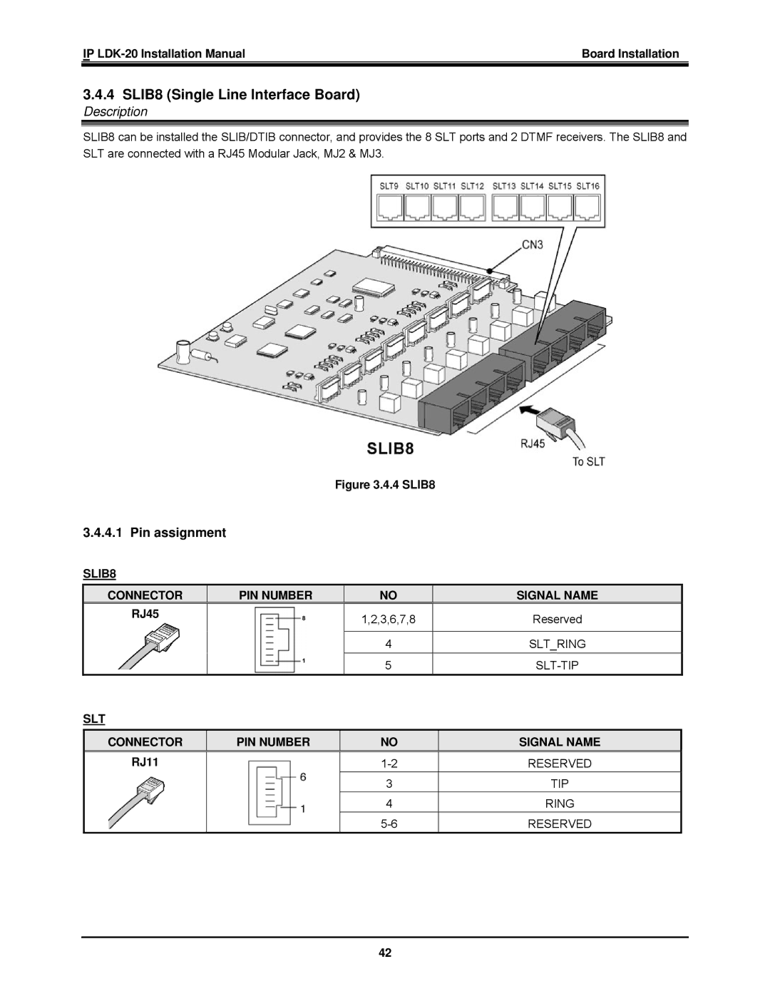 LG Electronics IP LDK-20 installation manual SLIB8 Single Line Interface Board, SLIB8 Connector PIN Number Signal Name 