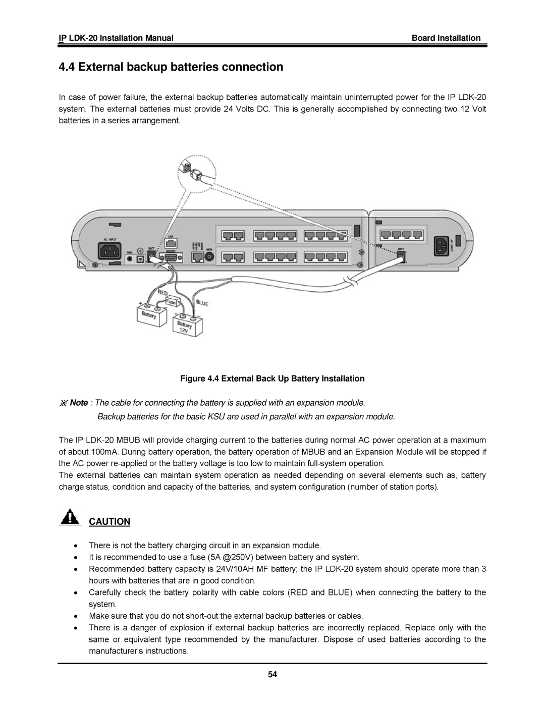 LG Electronics IP LDK-20 installation manual External backup batteries connection, External Back Up Battery Installation 