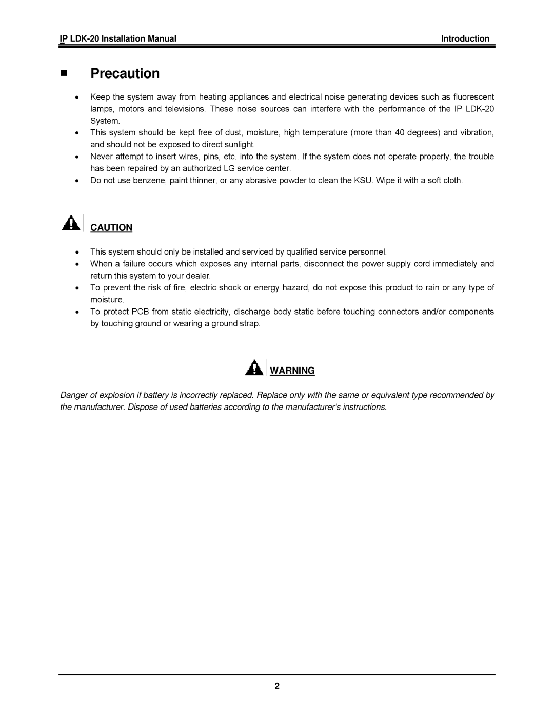 LG Electronics IP LDK-20 installation manual Precaution 