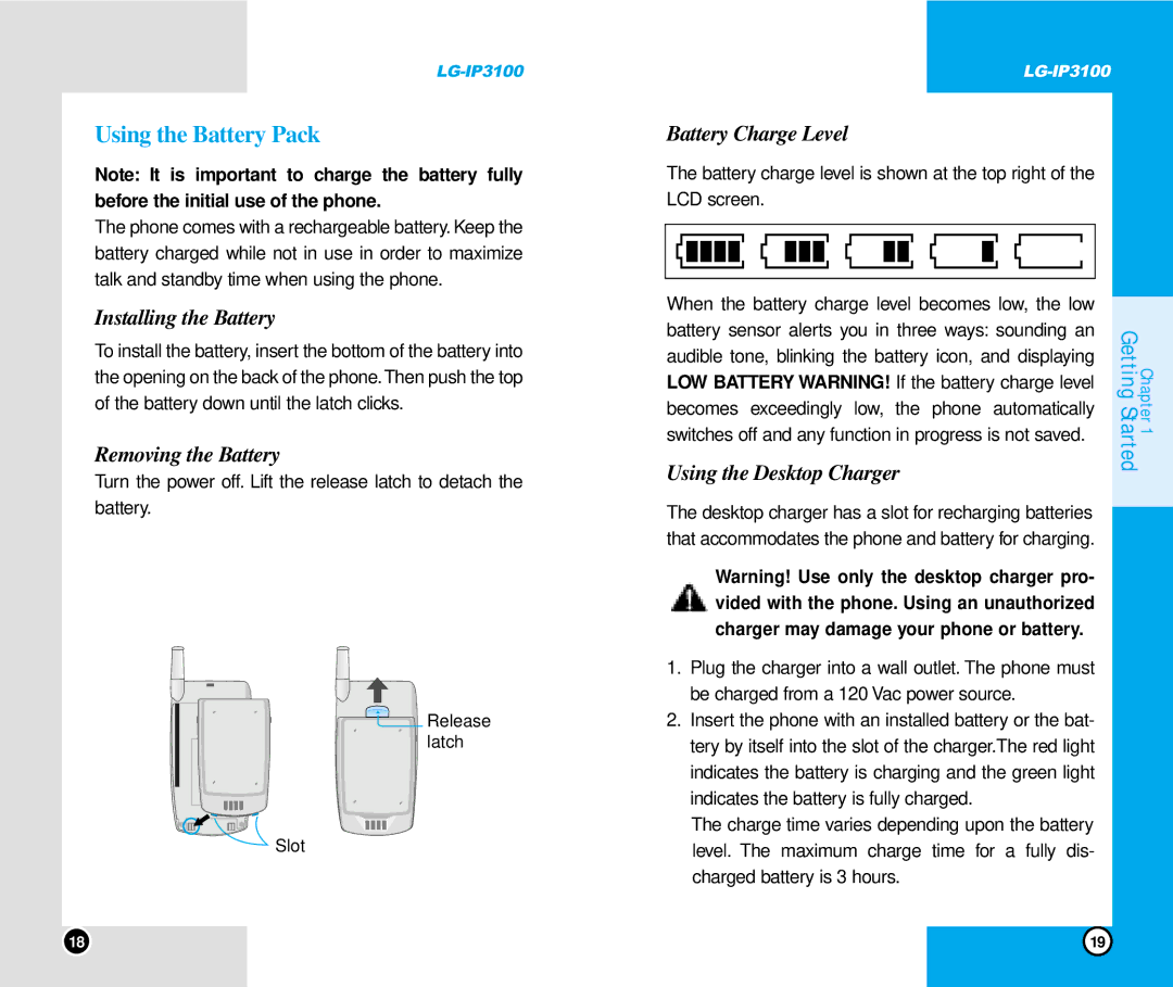 LG Electronics IP3100 manual Using the Battery Pack, Installing the Battery, Removing the Battery, Battery Charge Level 