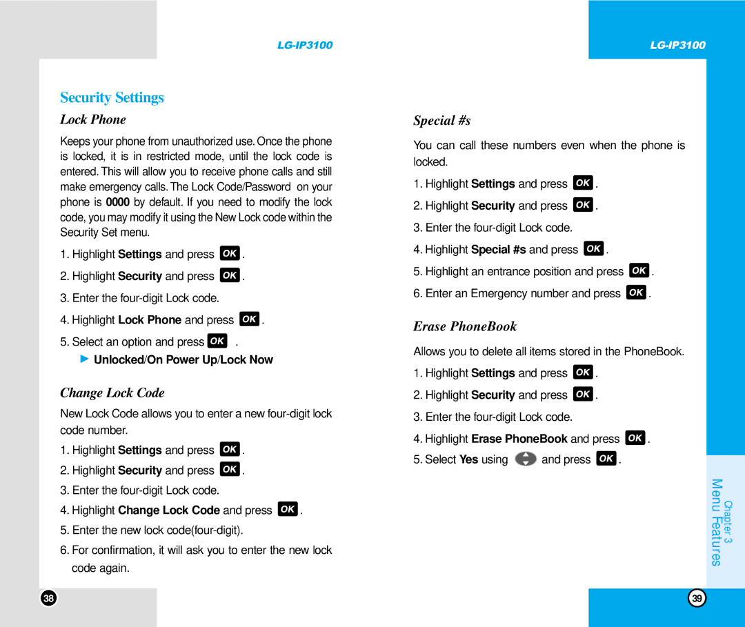 LG Electronics IP3100 manual Security Settings, Lock Phone, Change Lock Code, Special #s, Erase PhoneBook 