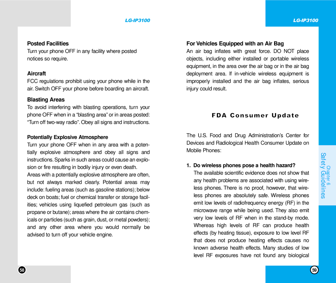 LG Electronics IP3100 manual FDA Consumer Update, Posted Facilities, Aircraft, Blasting Areas 