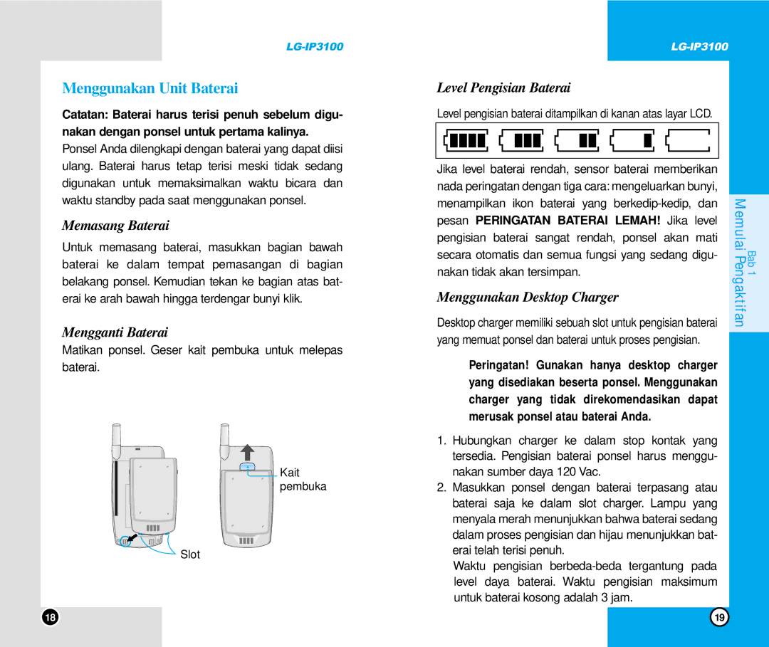 LG Electronics IP3100 manual Menggunakan Unit Baterai, Memasang Baterai, Mengganti Baterai, Level Pengisian Baterai 