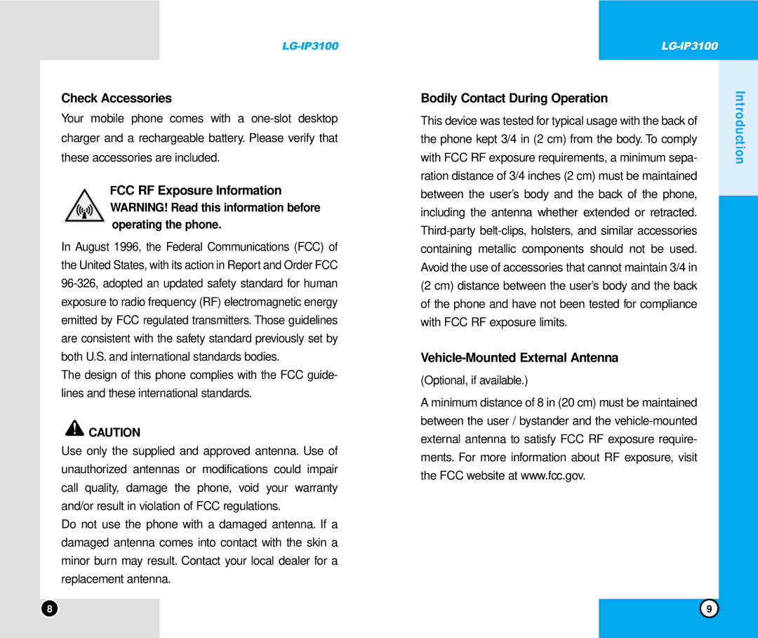 LG Electronics IP3100 manual Check Accessories, FCC RF Exposure Information, Bodily Contact During Operation 