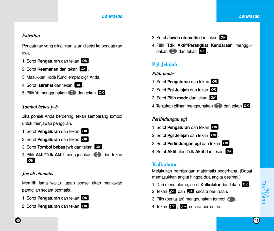 LG Electronics IP3100 manual Pgl Jelajah, Kalkulator 