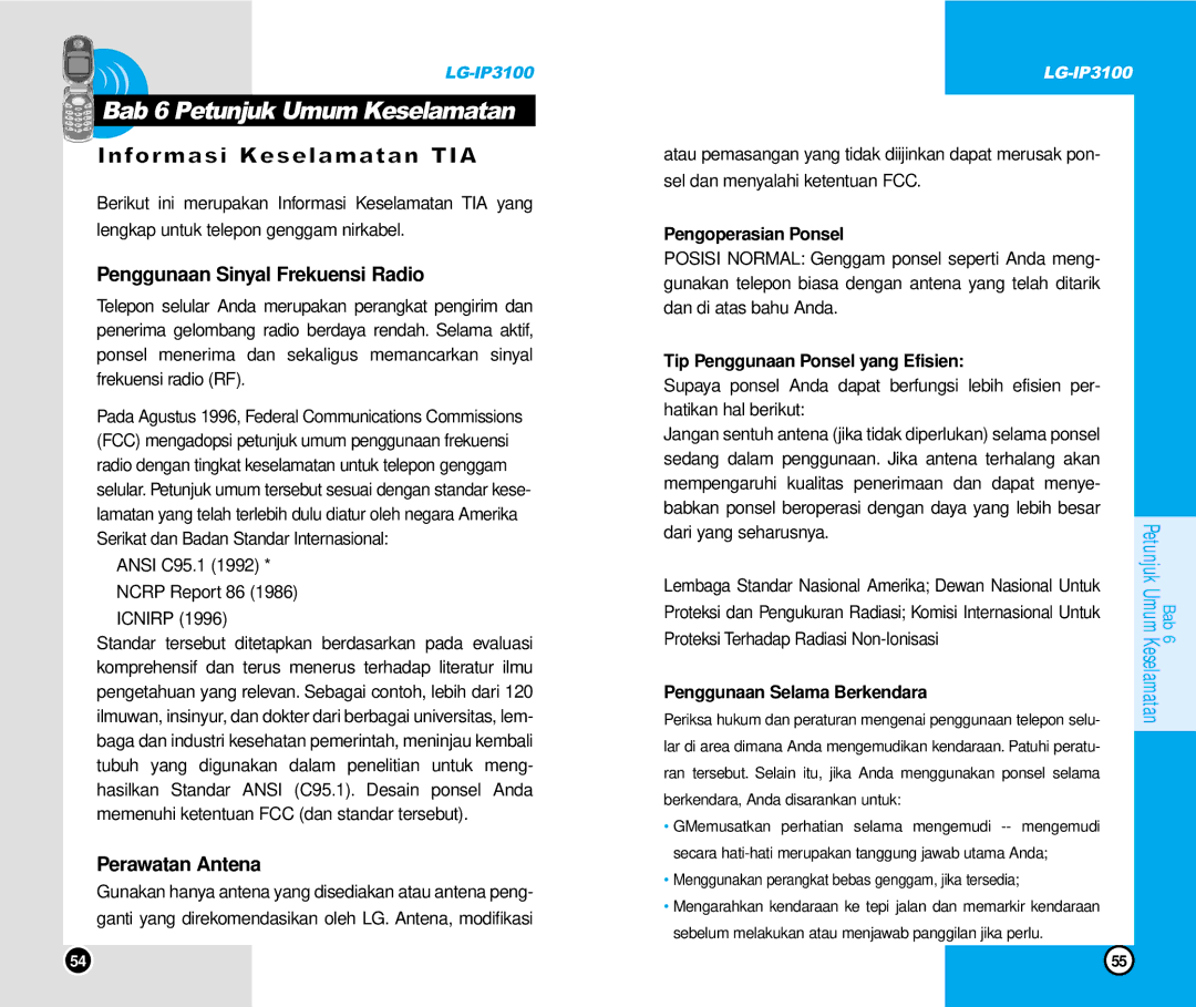 LG Electronics IP3100 manual Bab 6 Petunjuk Umum Keselamatan, Informasi Keselamatan TIA, Penggunaan Sinyal Frekuensi Radio 