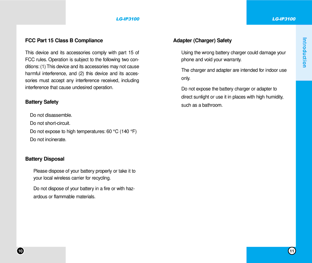 LG Electronics IP3100 manual FCC Part 15 Class B Compliance, Battery Safety, Battery Disposal, Adapter Charger Safety 