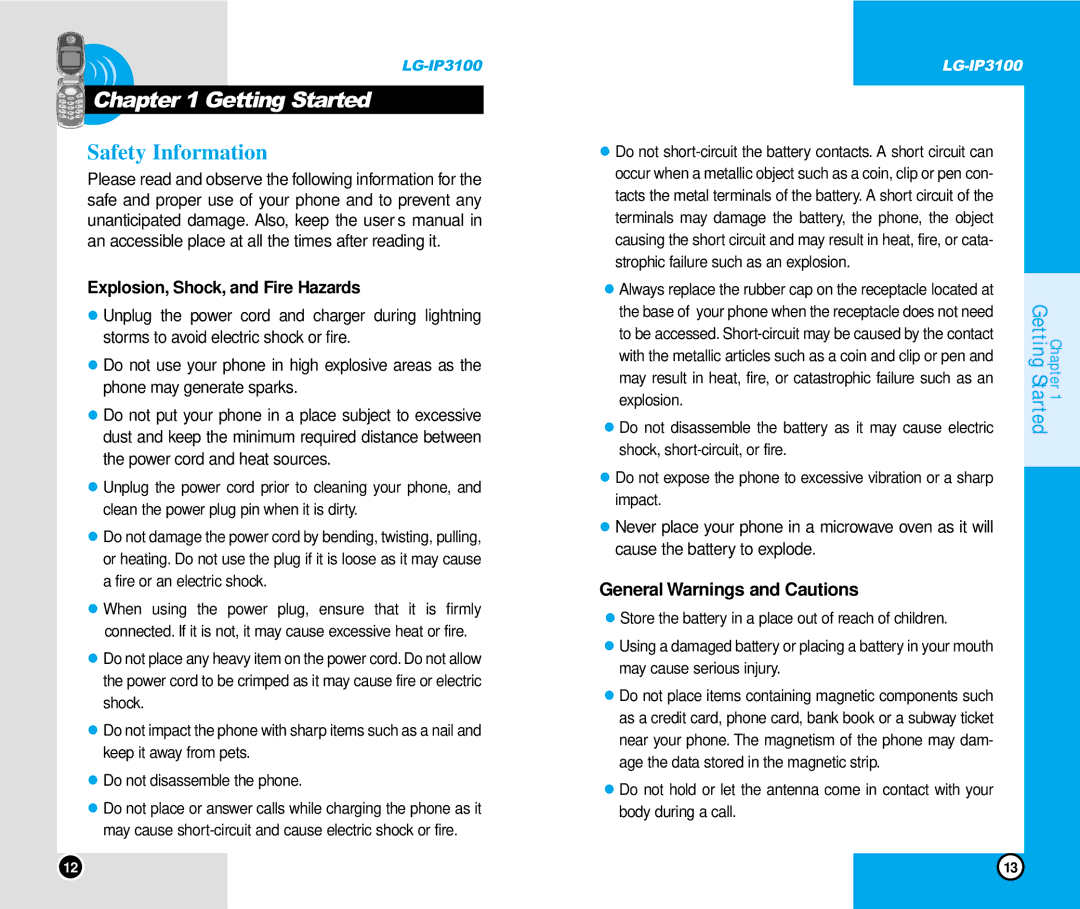 LG Electronics IP3100 manual Getting Started, Safety Information, General Warnings and Cautions 