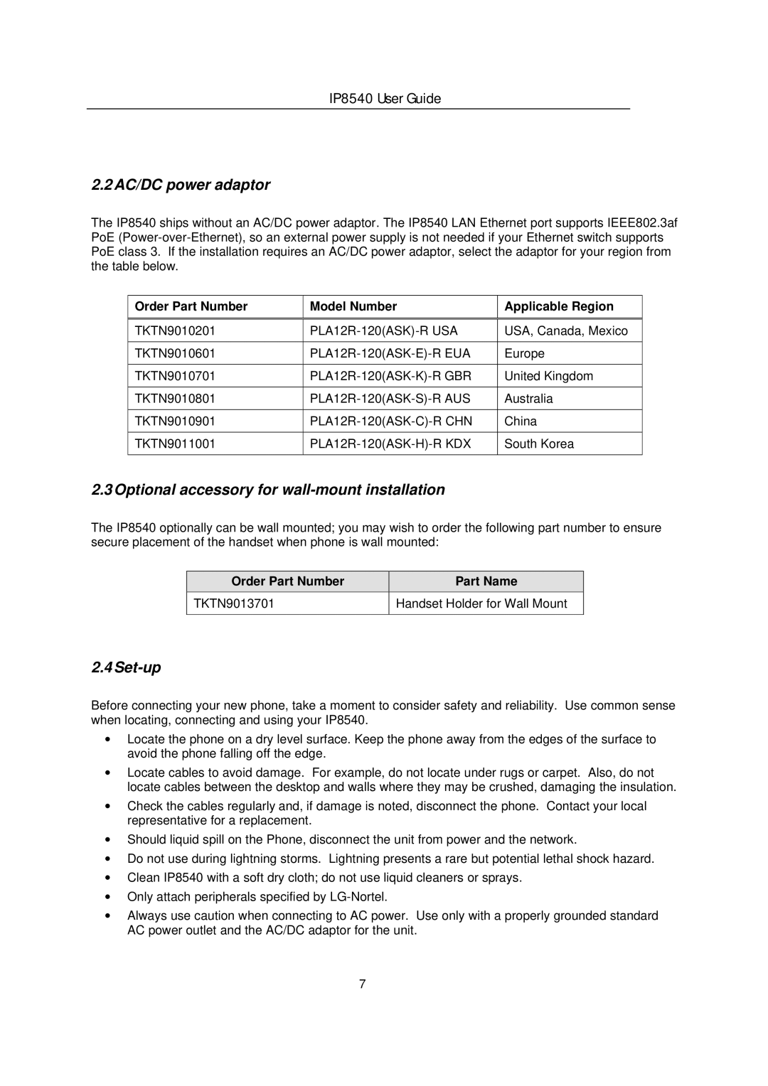 LG Electronics IP8540 manual AC/DC power adaptor, Optional accessory for wall-mount installation, Set-up 