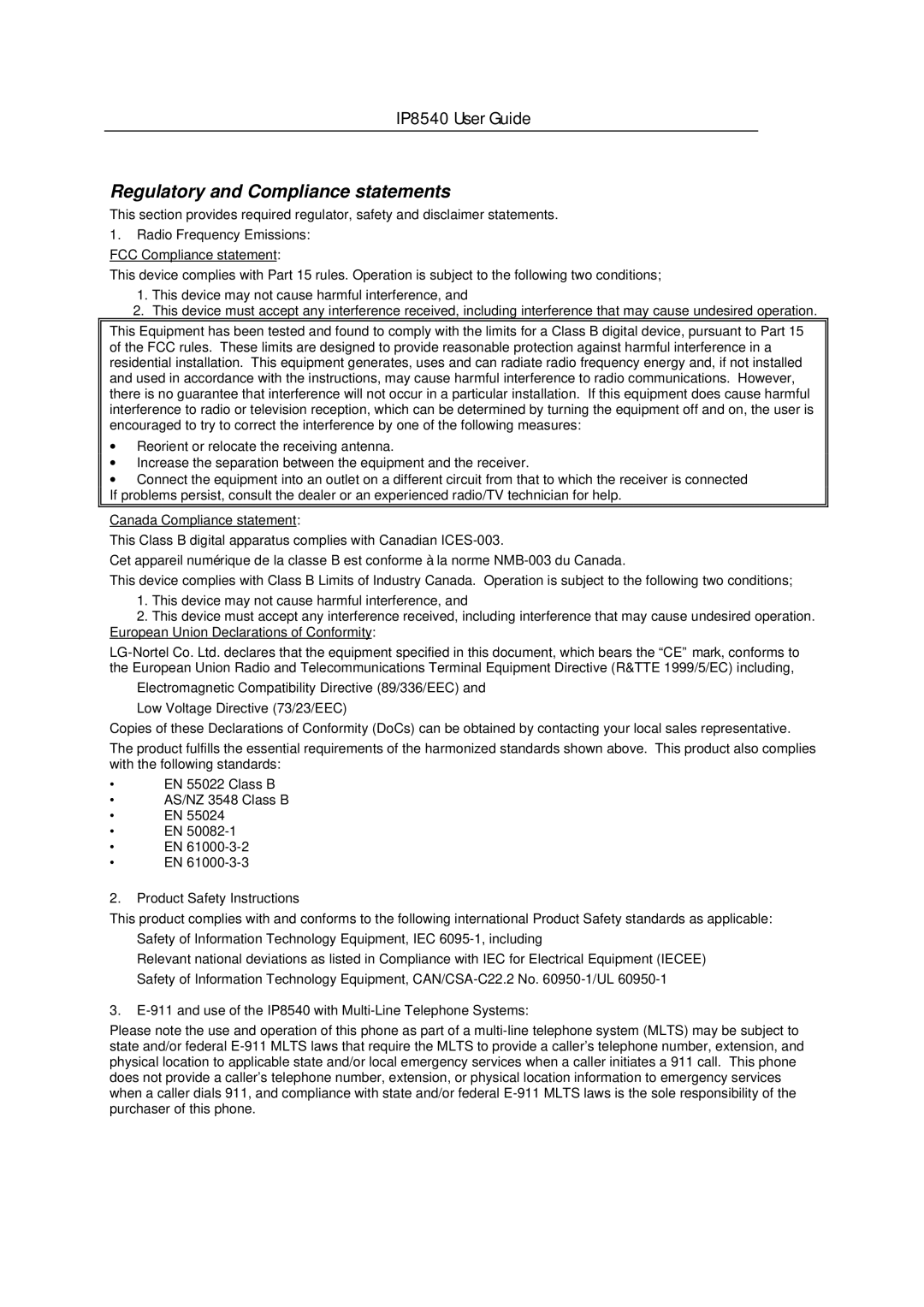 LG Electronics IP8540 manual Regulatory and Compliance statements 