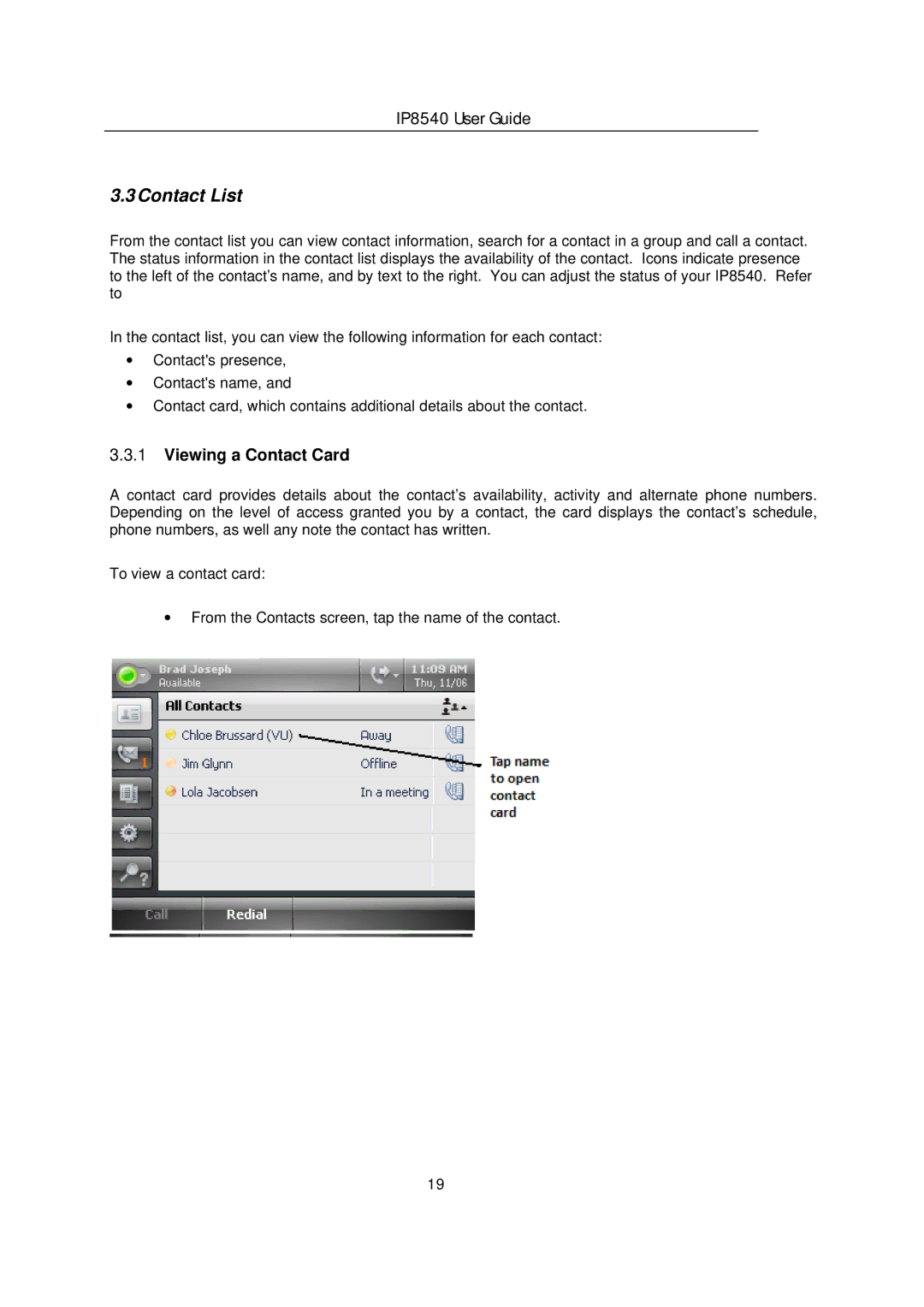 LG Electronics IP8540 manual Contact List, Viewing a Contact Card 