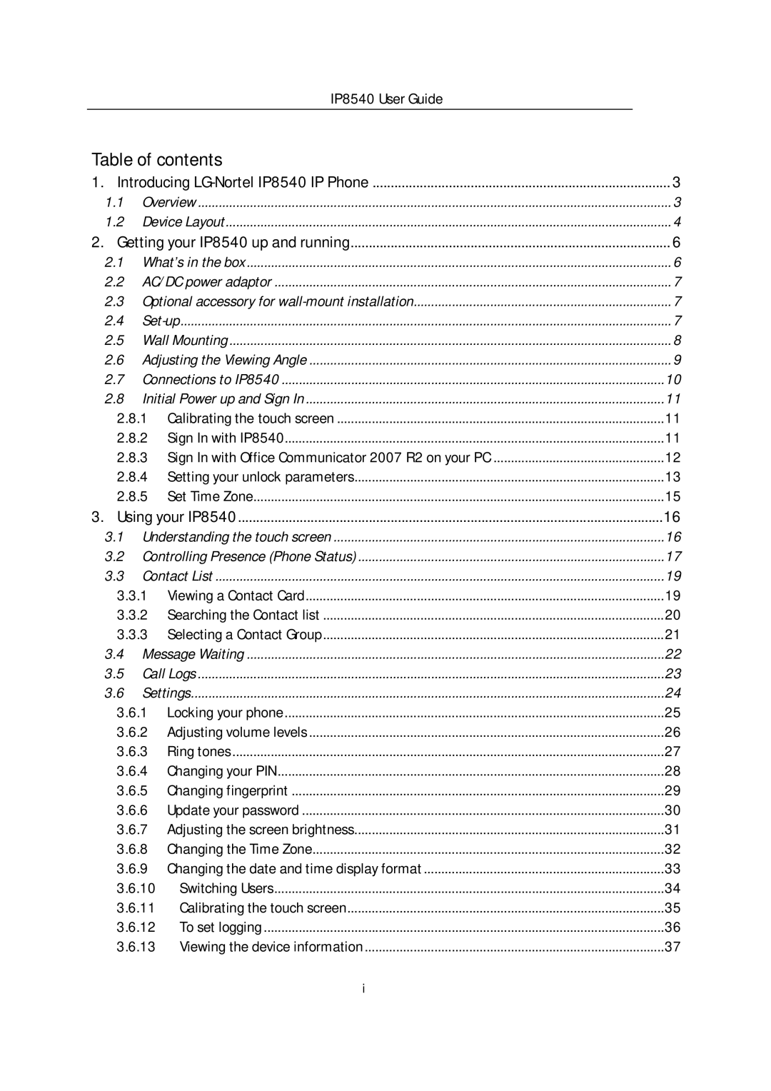 LG Electronics IP8540 manual Table of contents 