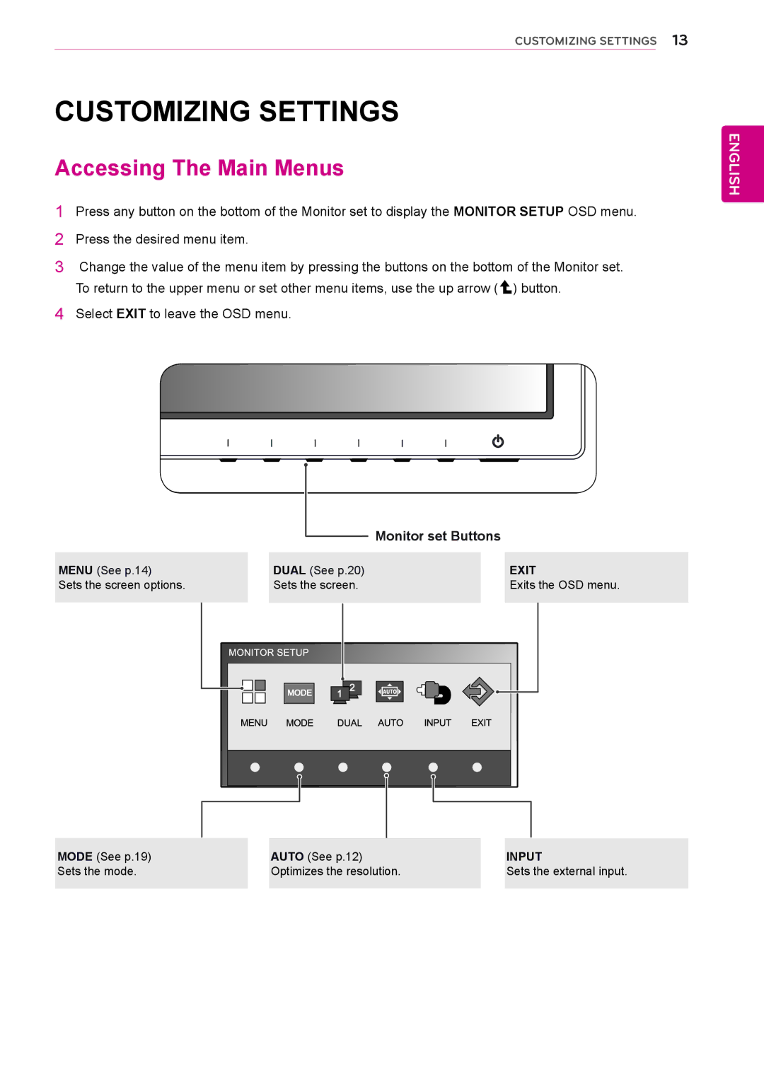 LG Electronics IPS235P, IPS225P Customizing Settings, Accessing The Main Menus, Monitor set Buttons, Exit, Input 