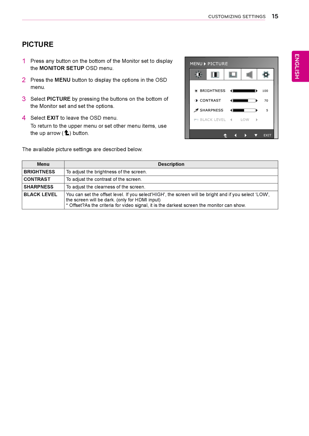 LG Electronics IPS235P, IPS225P owner manual Picture, Sharpness 