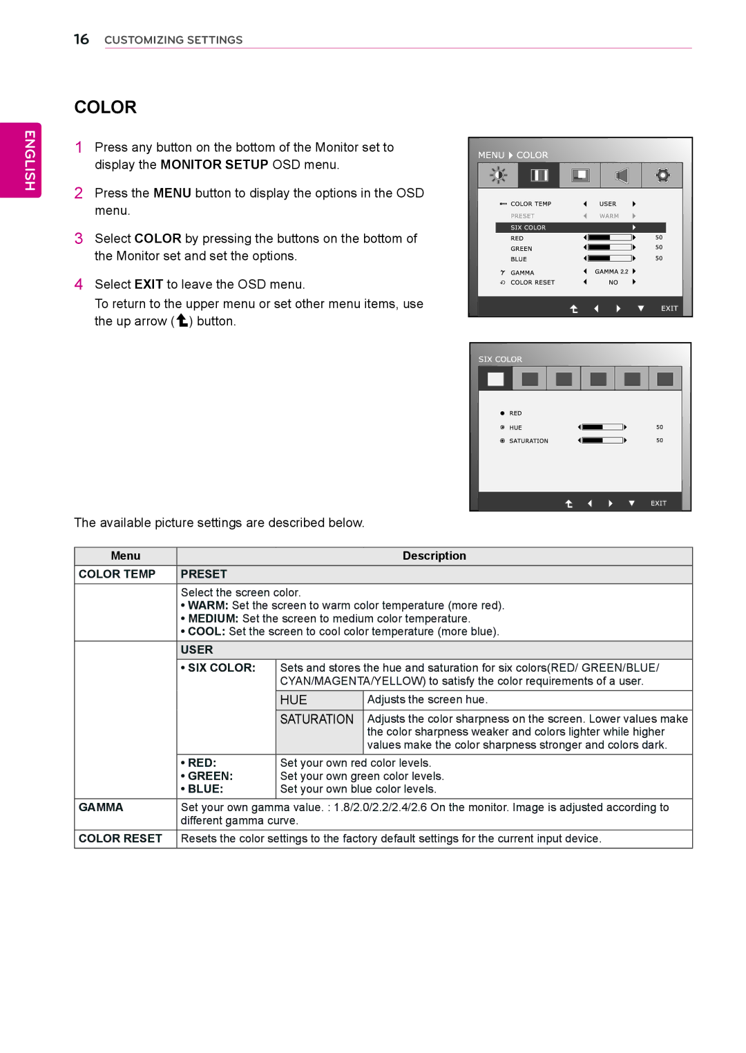 LG Electronics IPS225P, IPS235P owner manual Color Temp Preset, User, Green, Blue 